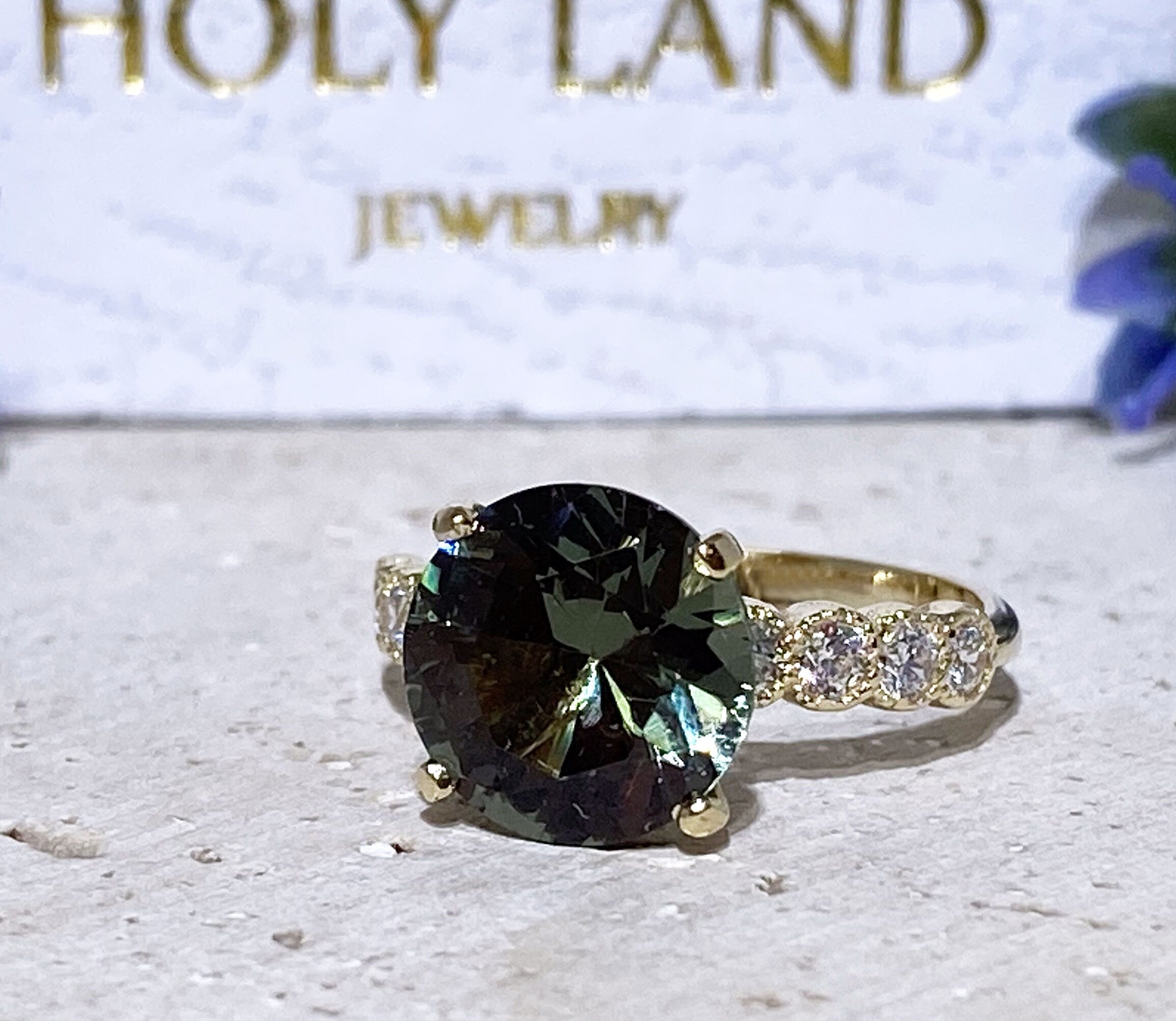 Green Tourmaline Ring - Statement Engagement Ring with Round Green Tourmaline Gemstone and Clear Quartz Accents - H.L.Jewelry