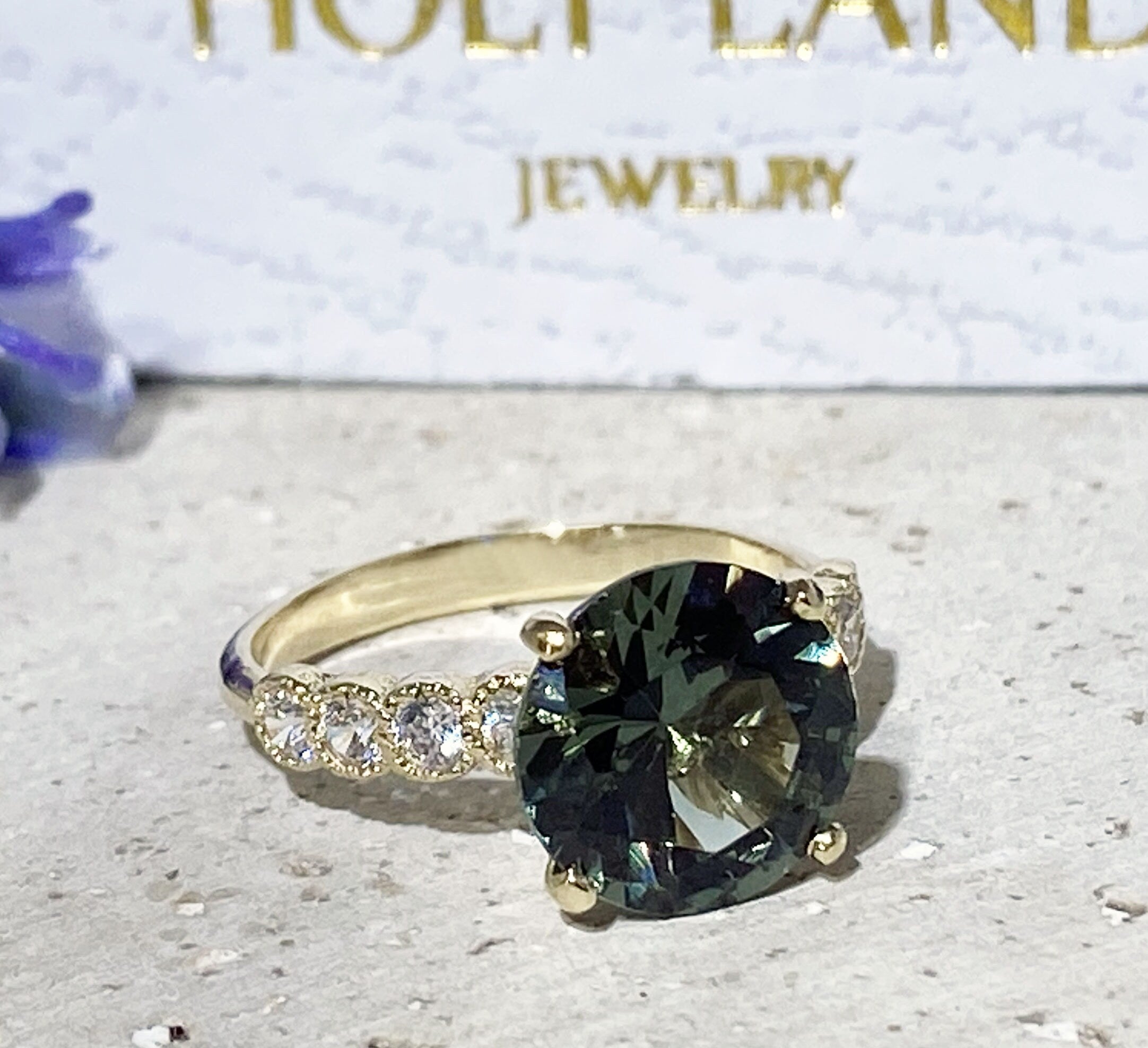 Green Tourmaline Ring - Statement Engagement Ring with Round Green Tourmaline Gemstone and Clear Quartz Accents - H.L.Jewelry