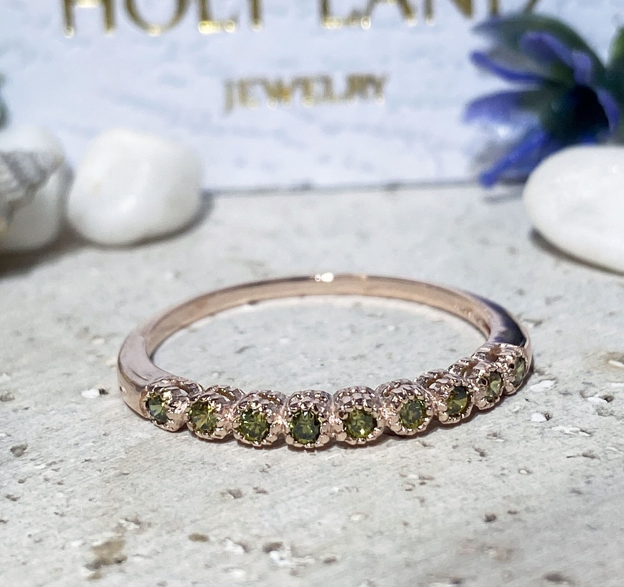 Peridot Ring - August Birthstone - Stacking Half Eternity Ring with Nine Round Peridot Gemstones - H.L.Jewelry