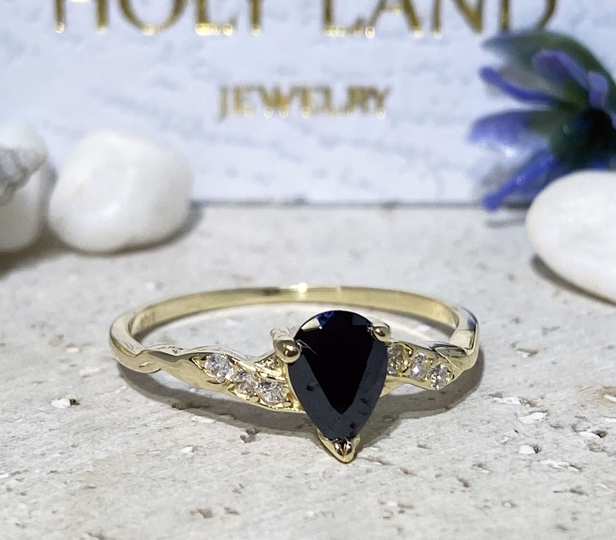 Black Onyx Ring - December Birthstone - Delicate Ring with Pear Shape Black Onyx Center Gemstone and Clear Quartz Accents - H.L.Jewelry