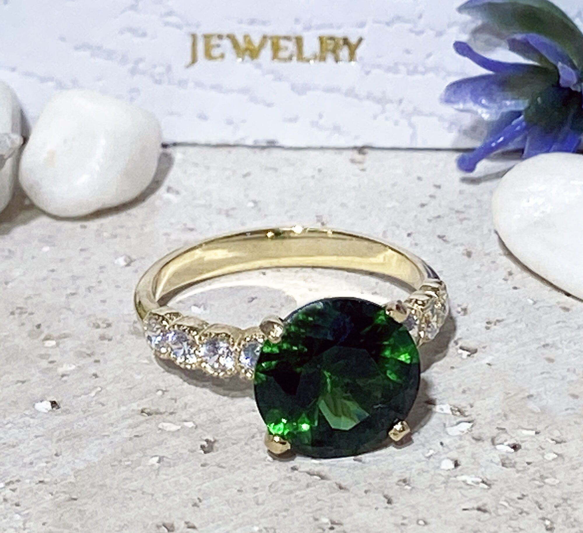 Emerald Ring - May Birthstone - Statement Engagement Ring with Round Emerald Gemstone and Clear Quartz Accents - H.L.Jewelry