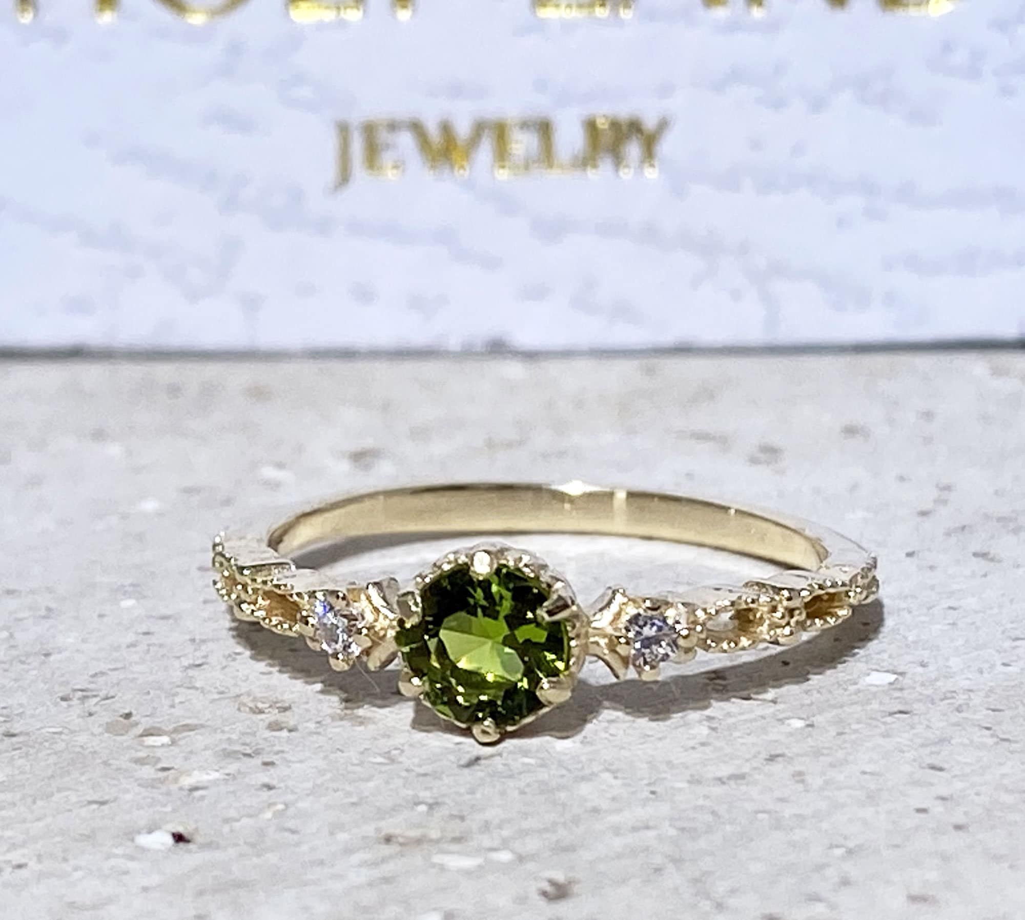 Peridot Ring - August Birthstone - Delicate Ring with Round Peridot Gemstone and Clear Quartz Accents - H.L.Jewelry