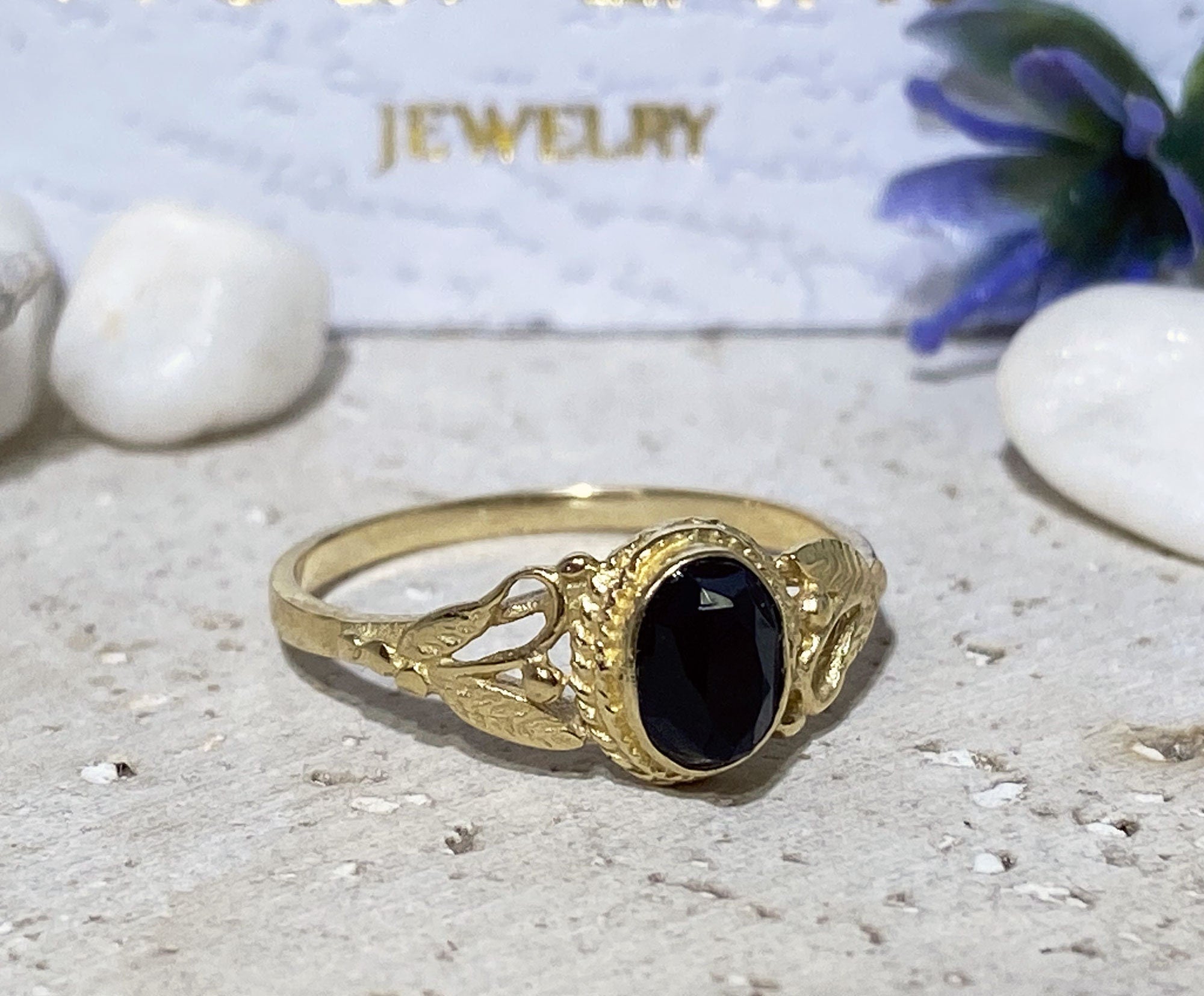 Black Onyx Ring - December Birthstone - Delicate Lace Ring with Oval Black Onyx Stone and Leaves Accents - H.L.Jewelry