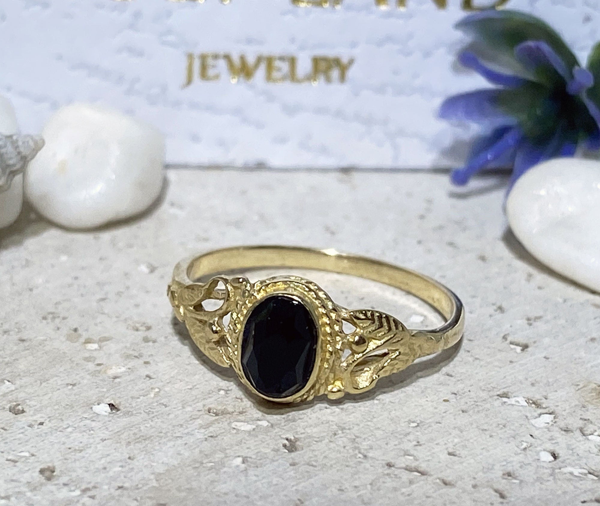 Black Onyx Ring - December Birthstone - Delicate Lace Ring with Oval Black Onyx Stone and Leaves Accents - H.L.Jewelry