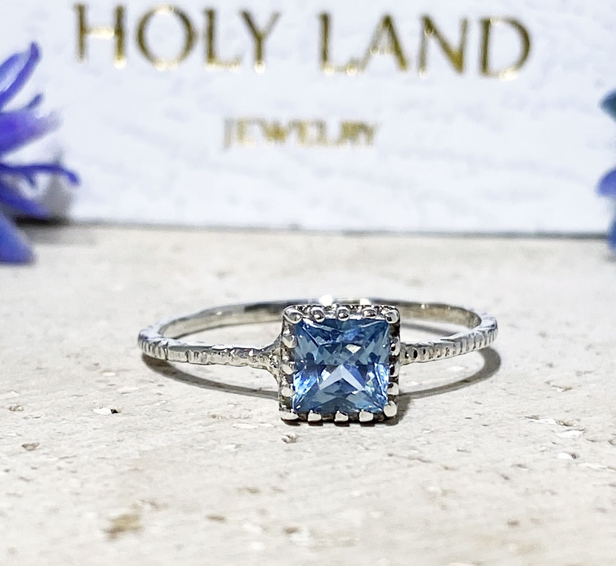 Blue Topaz Ring - December Birthstone - Blue Topaz Gemstone Square Crown Simple Hammered Ring - H.L.Jewelry