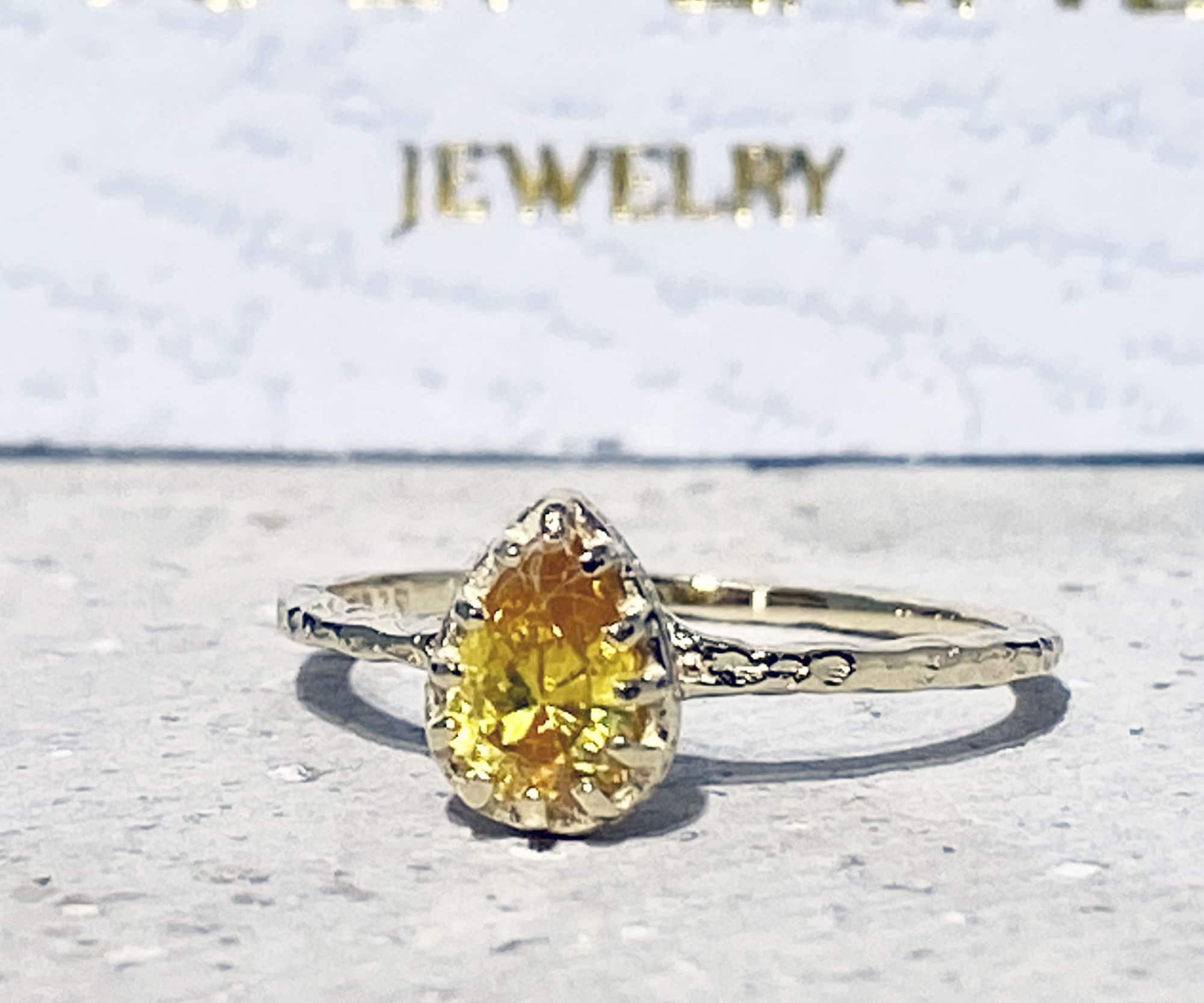 Citrine Ring - November Birthstone - Delicate Hammered Ring with Pear-Shaped Citrine Gemstone - H.L.Jewelry