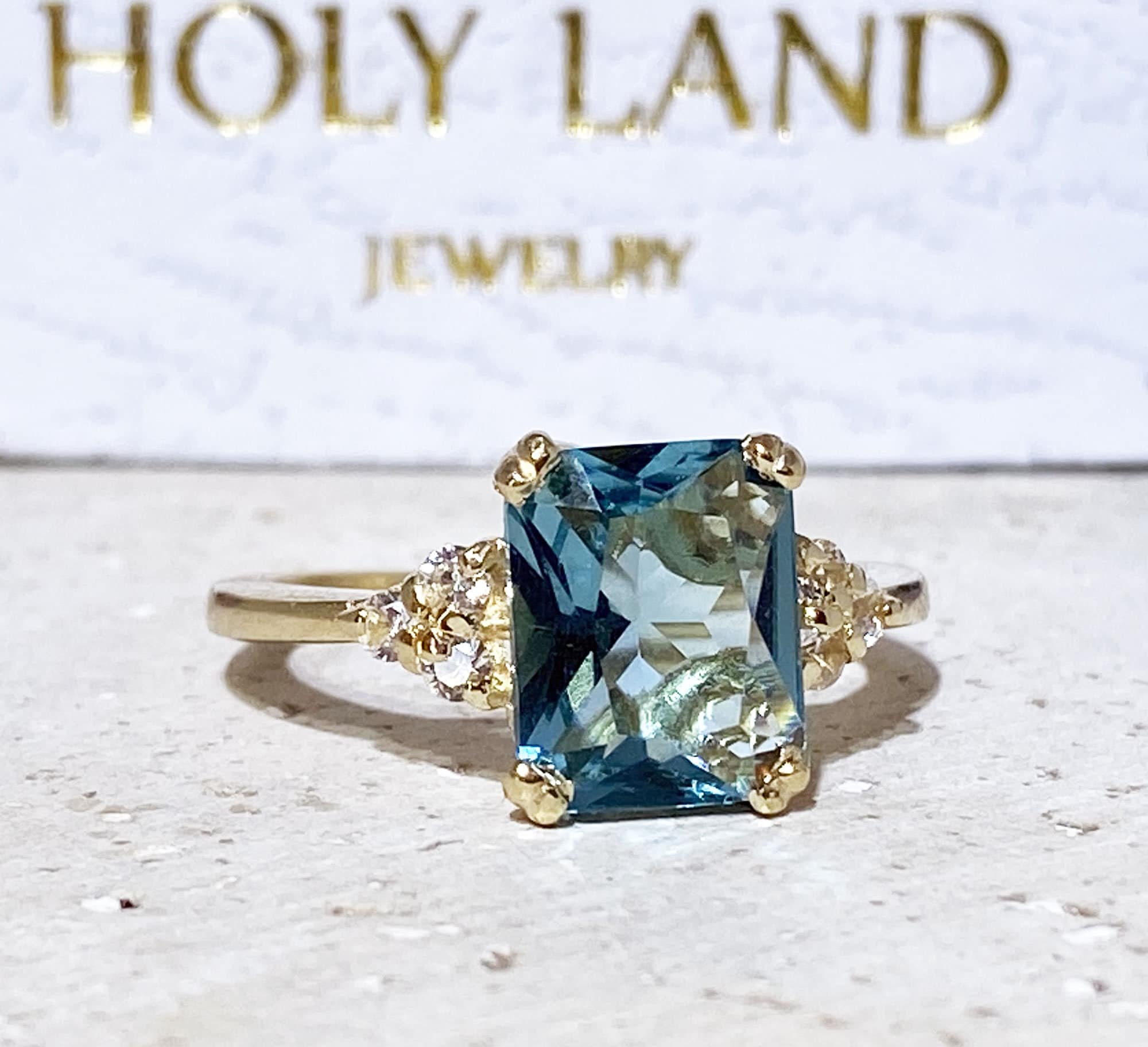 Blue Topaz Ring - December Birthstone - Octagon Blue Topaz Gemstone Statement Engagement Ring with Clear Quartz Accents - H.L.Jewelry