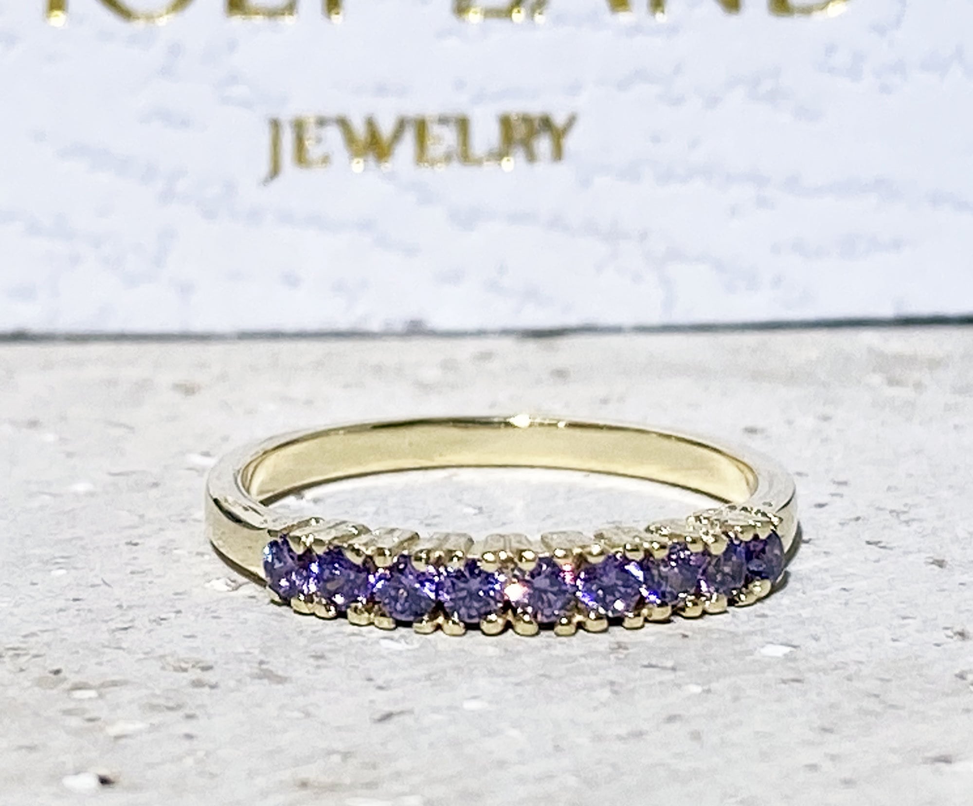 Purple Amethyst Ring - February Birthstone - Stacking Ring with Nine Round Purple Amethyst Stones - H.L.Jewelry