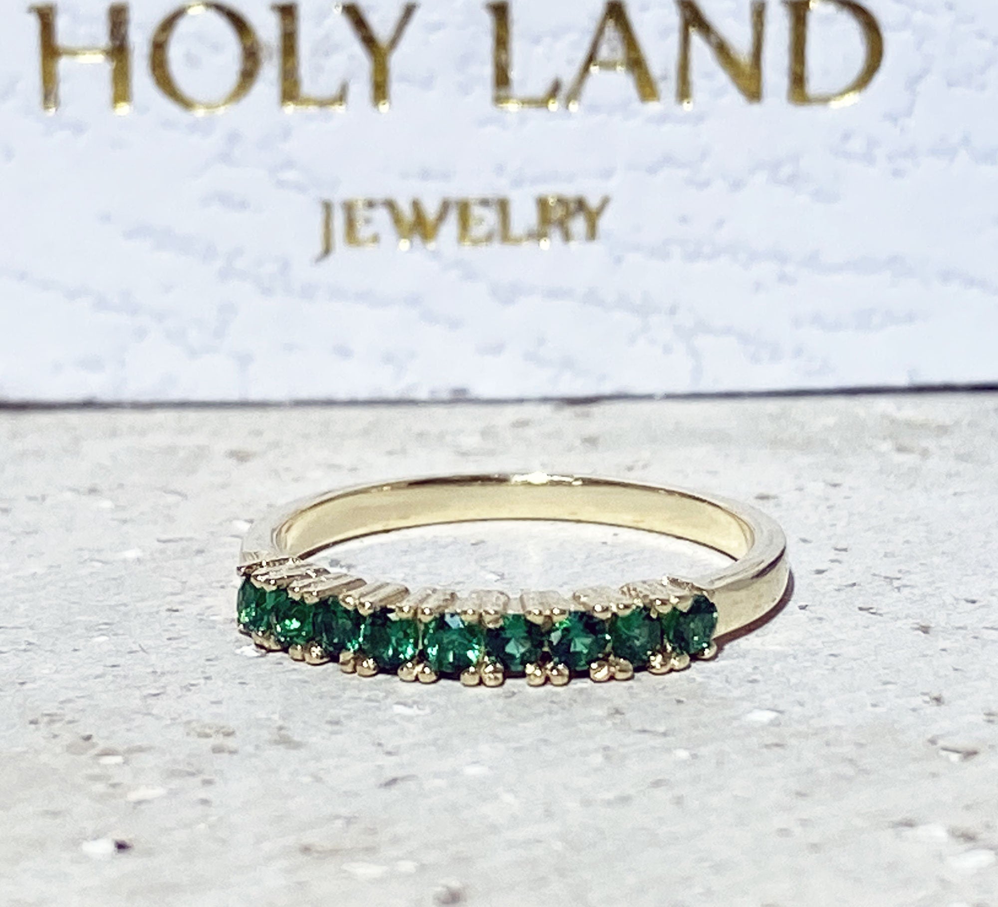 Emerald Ring - May Birthstone Jewelry - Stacking Half Eternity Ring with Nine Round Emeralds - H.L.Jewelry