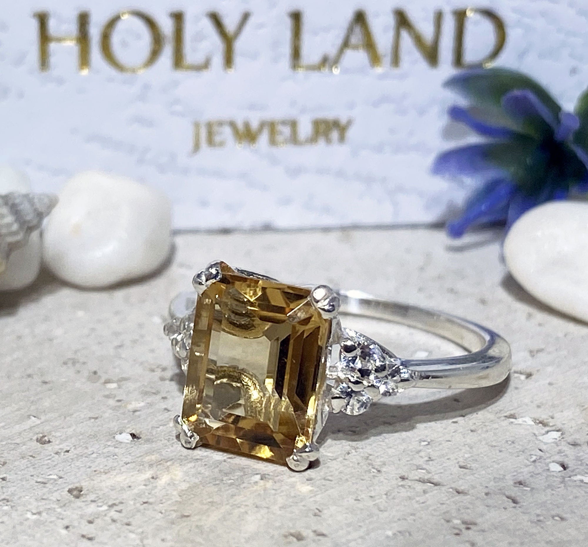 Citrine ring - November Birthstone - Octagon Citrine Gemstone Statement Engagement Ring with Clear Quartz Accents - H.L.Jewelry