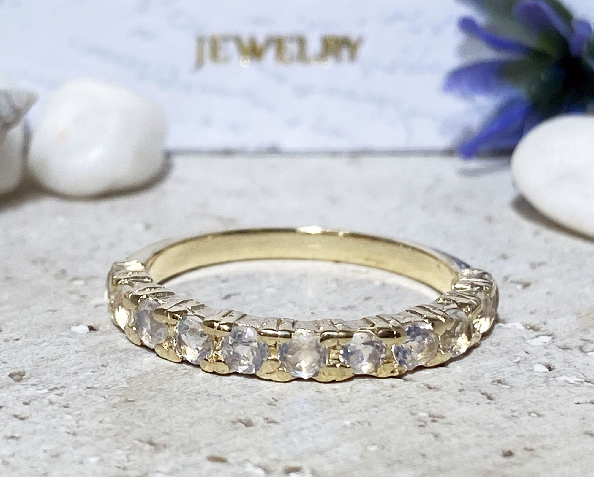 Rainbow Moonstone Ring - Genuine Gemstone Band - Stack Ring - June Birthstone - Simple Jewery - Gold Ring - Prong Ring - Half Eternity Ring - H.L.Jewelry