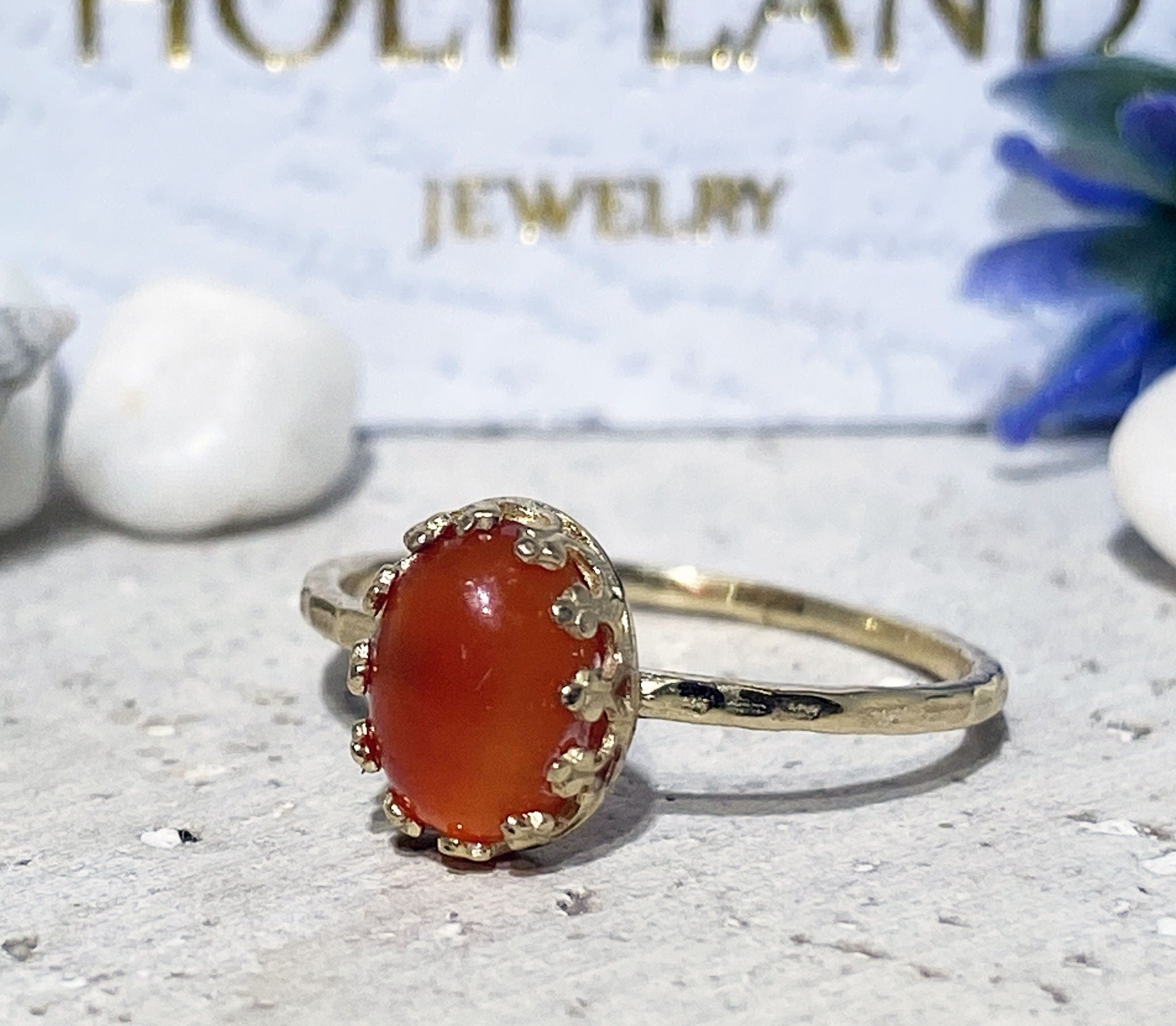 Carnelian Ring - Delicate Hammered Oval Crown Ring with Carnelian Gemstone - H.L.Jewelry