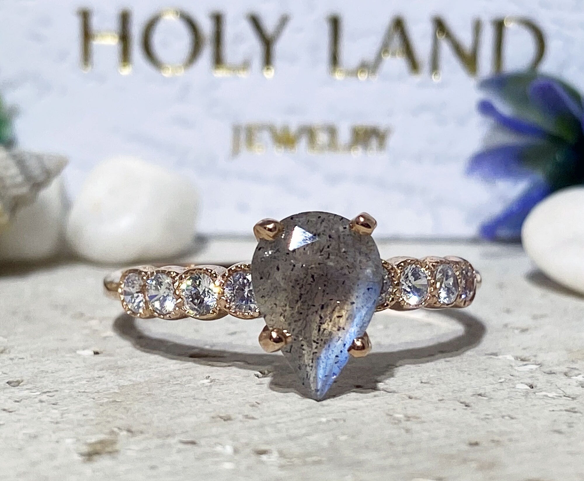 Labradorite Ring - Statement Engagement Ring with Pear-Shaped Labradorite Gemstone and Clear Quartz Accents - H.L.Jewelry