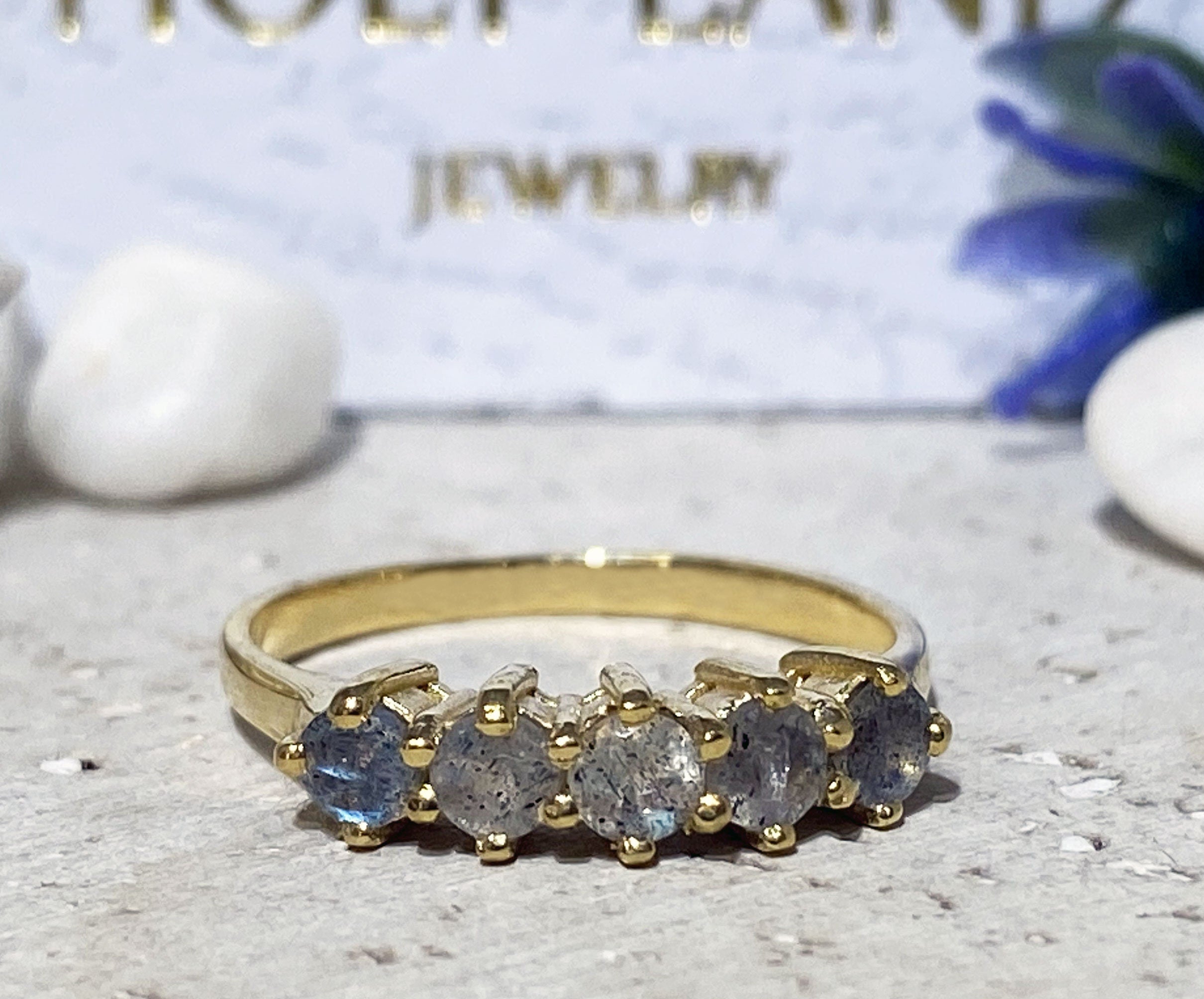 Labradorite Ring - Stacking Ring with Five Round Labradorite Gemstones - H.L.Jewelry