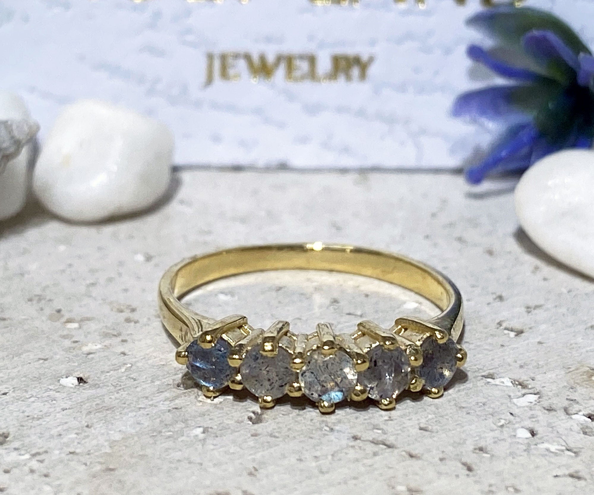 Labradorite Ring - Stacking Ring with Five Round Labradorite Gemstones - H.L.Jewelry