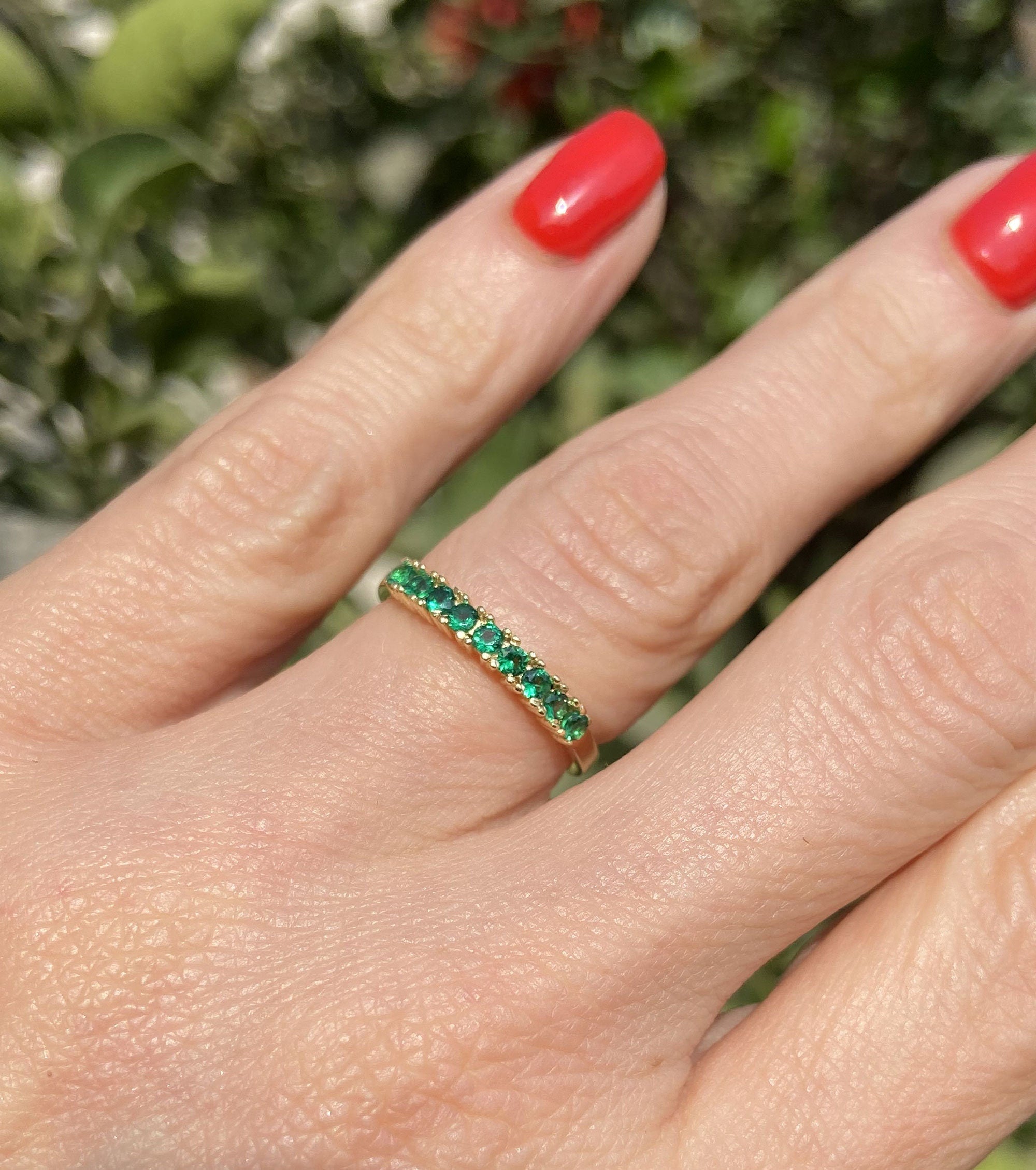 Emerald Ring - May Birthstone Jewelry - Stacking Half Eternity Ring with Nine Round Emeralds - H.L.Jewelry