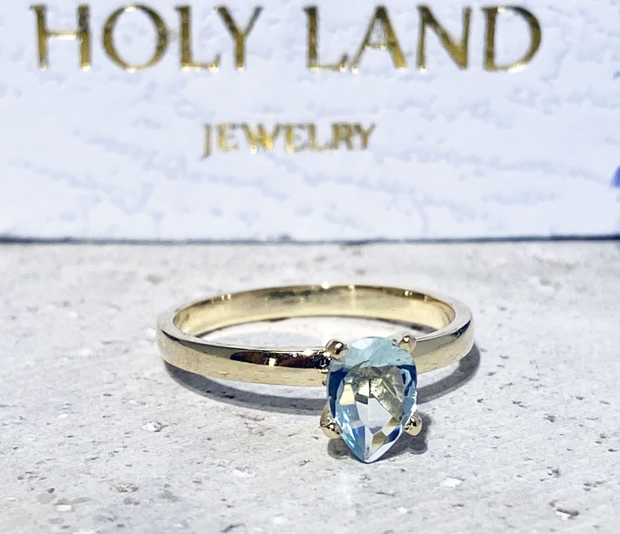 Aquamarine Ring - March Birthstone - Solitaire Ring with Pear-Shaped Aquamarine Gemstone - H.L.Jewelry