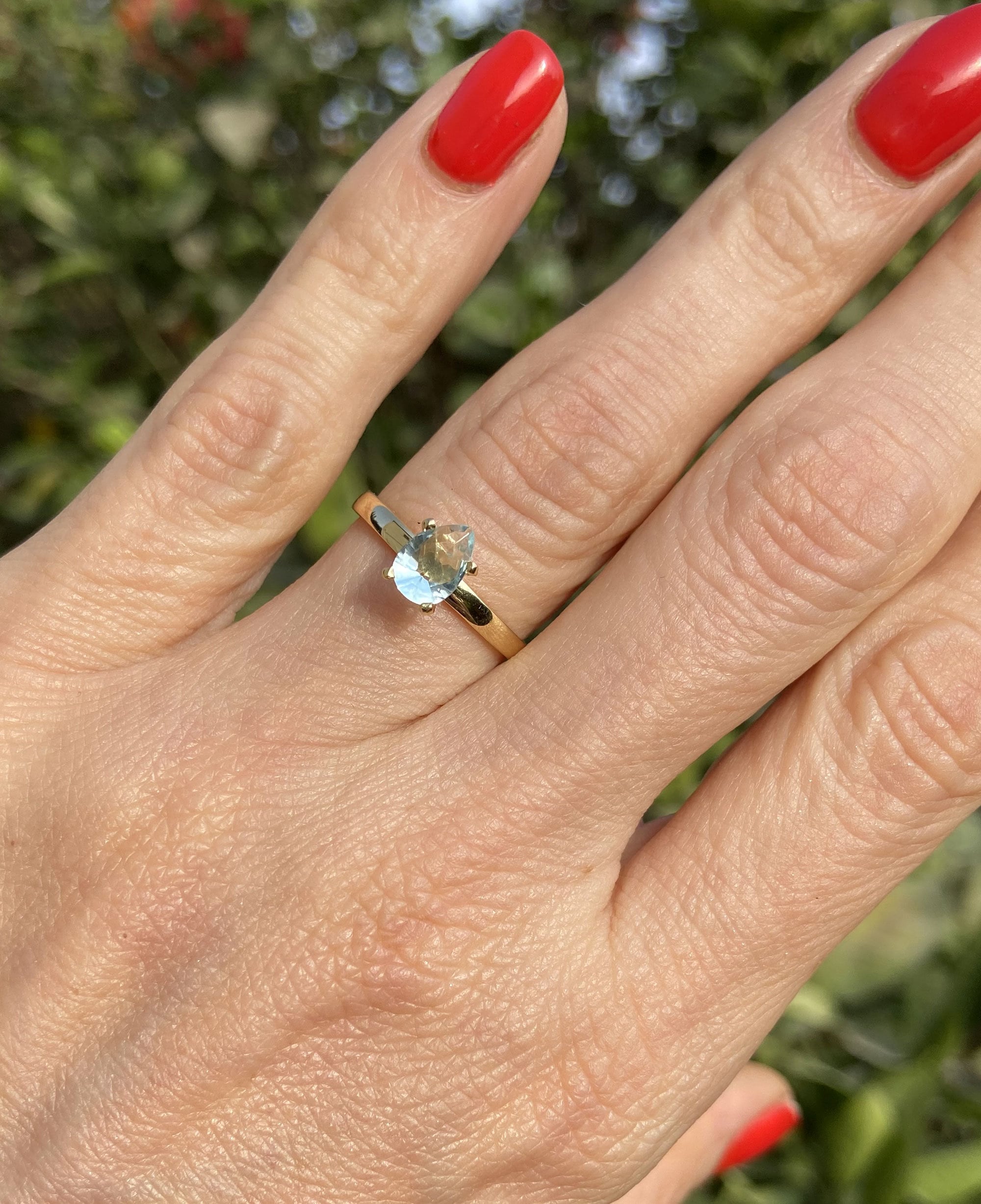 Aquamarine Ring - March Birthstone - Solitaire Ring with Pear-Shaped Aquamarine Gemstone - H.L.Jewelry