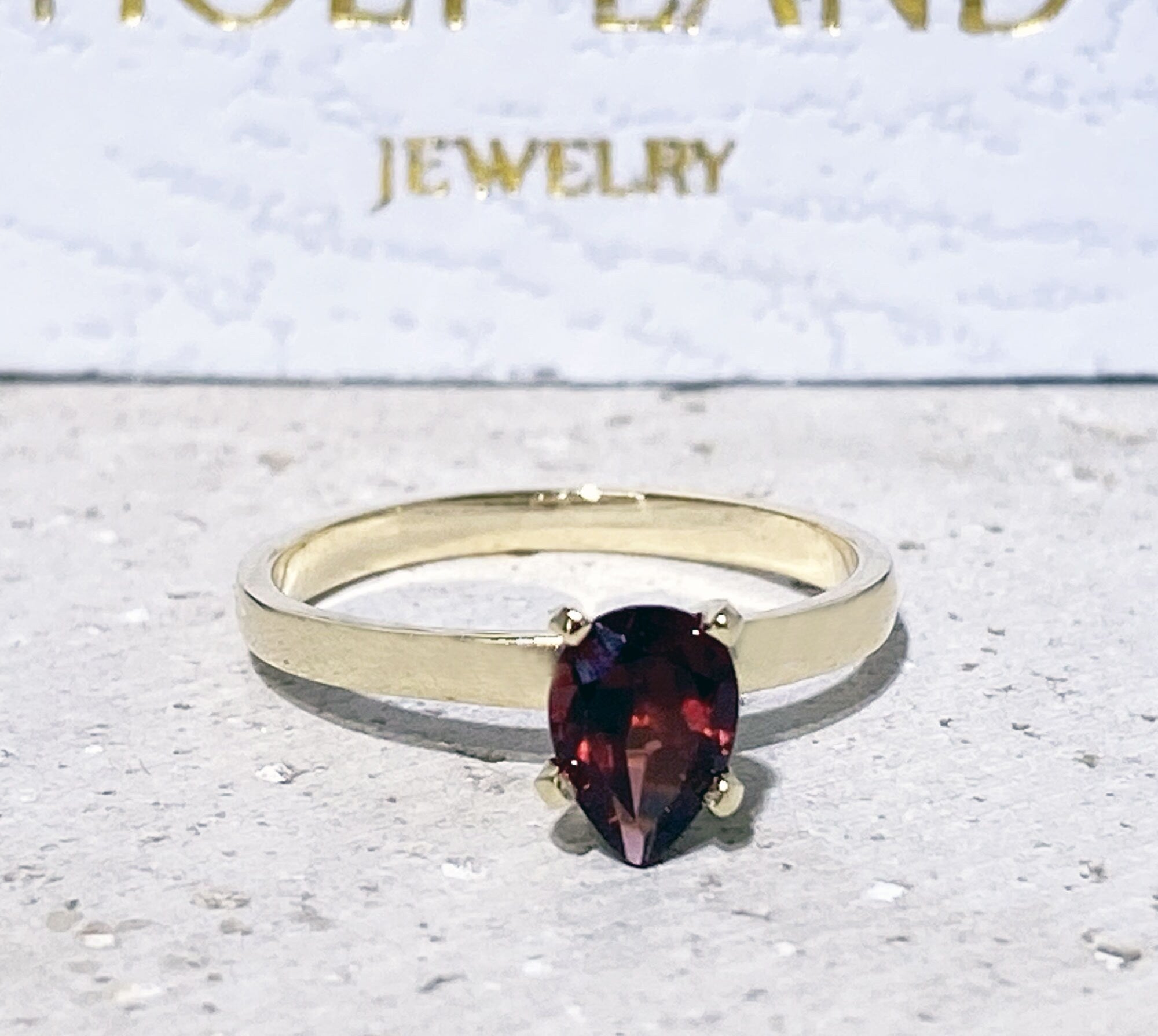 Red Garnet Ring - January Birthstone - Solitaire Ring with Pear-Shaped Red Garnet Gemstone - H.L.Jewelry