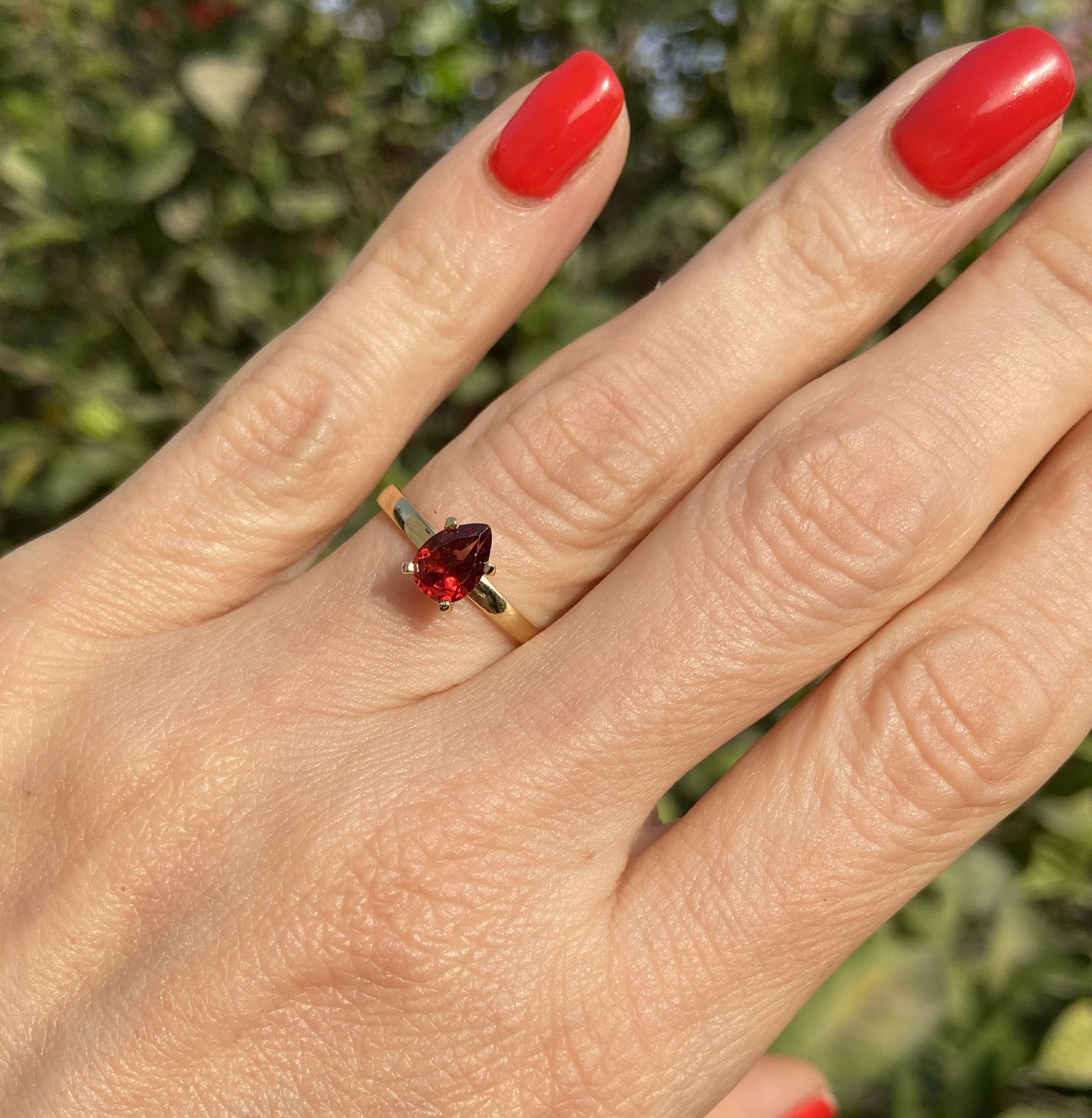 Red Garnet Ring - January Birthstone - Solitaire Ring with Pear-Shaped Red Garnet Gemstone - H.L.Jewelry