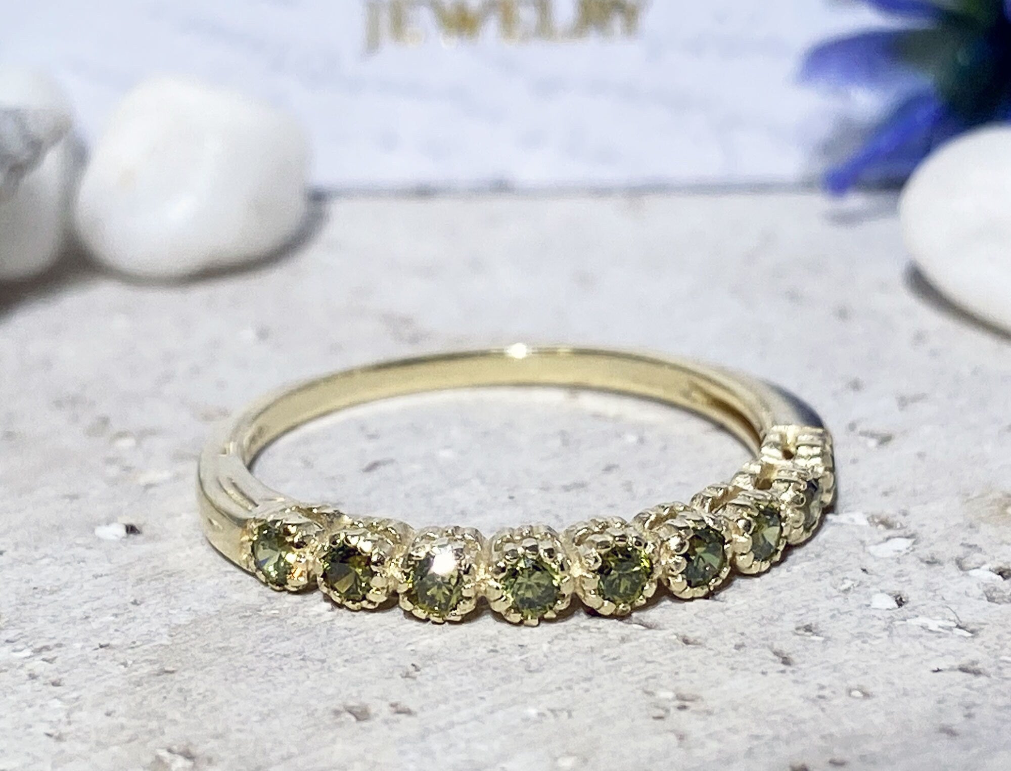 Peridot Ring - August Birthstone - Stacking Half Eternity Ring with Nine Round Peridot Gemstones - H.L.Jewelry