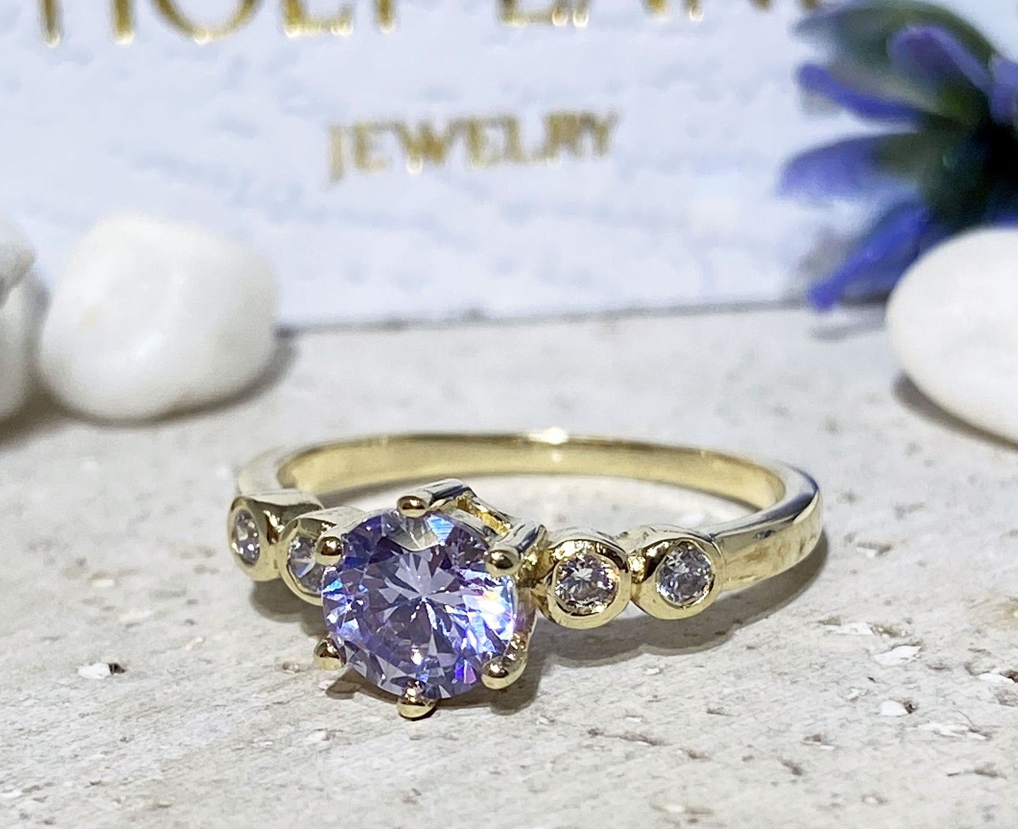 Lavender Amethyst Ring - Tiny Delicate Ring with Round Lavender Amethyst Gemstone and Clear Quartz Accents - H.L.Jewelry