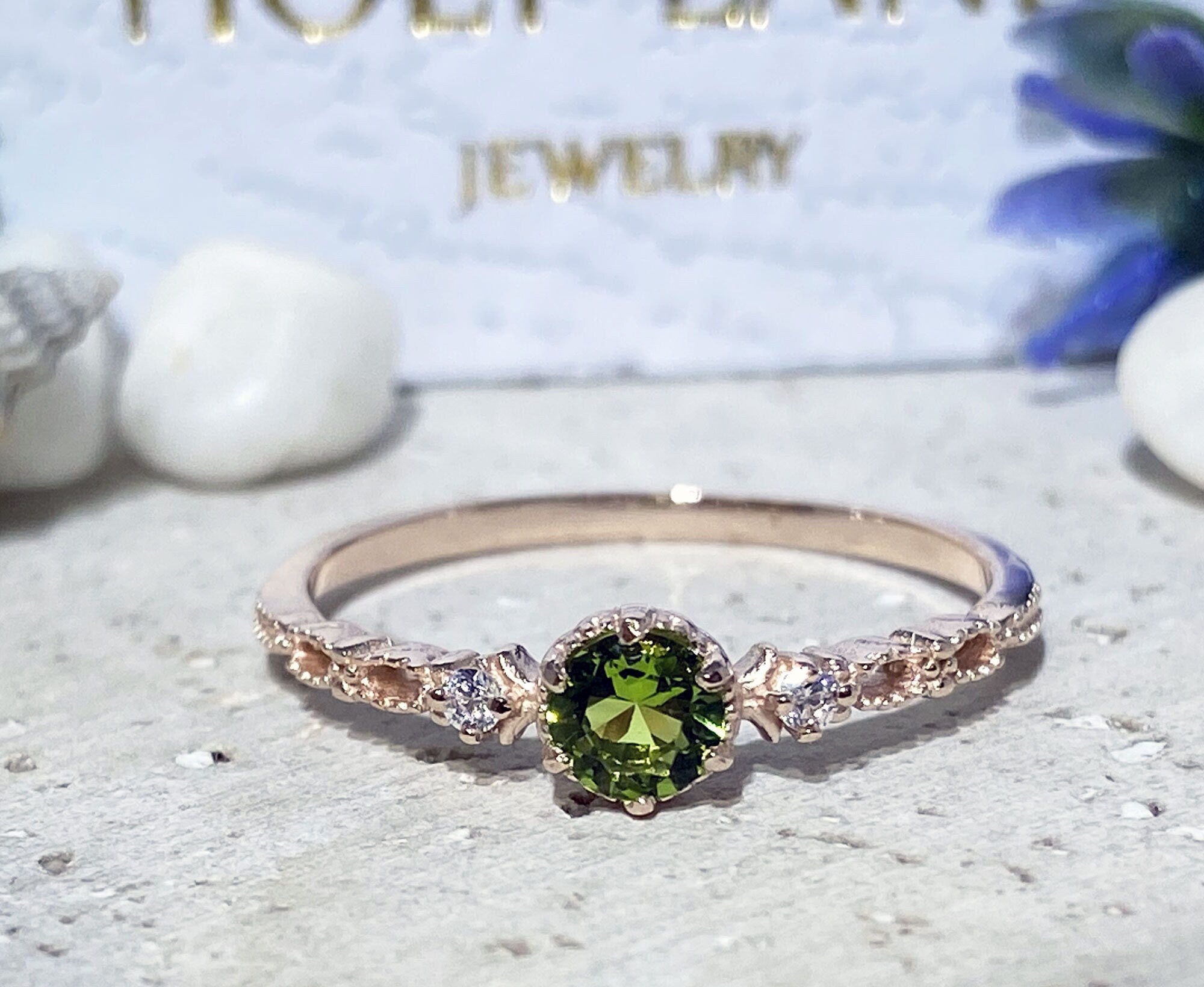 Peridot Ring - August Birthstone - Delicate Ring with Round Peridot Gemstone and Clear Quartz Accents - H.L.Jewelry