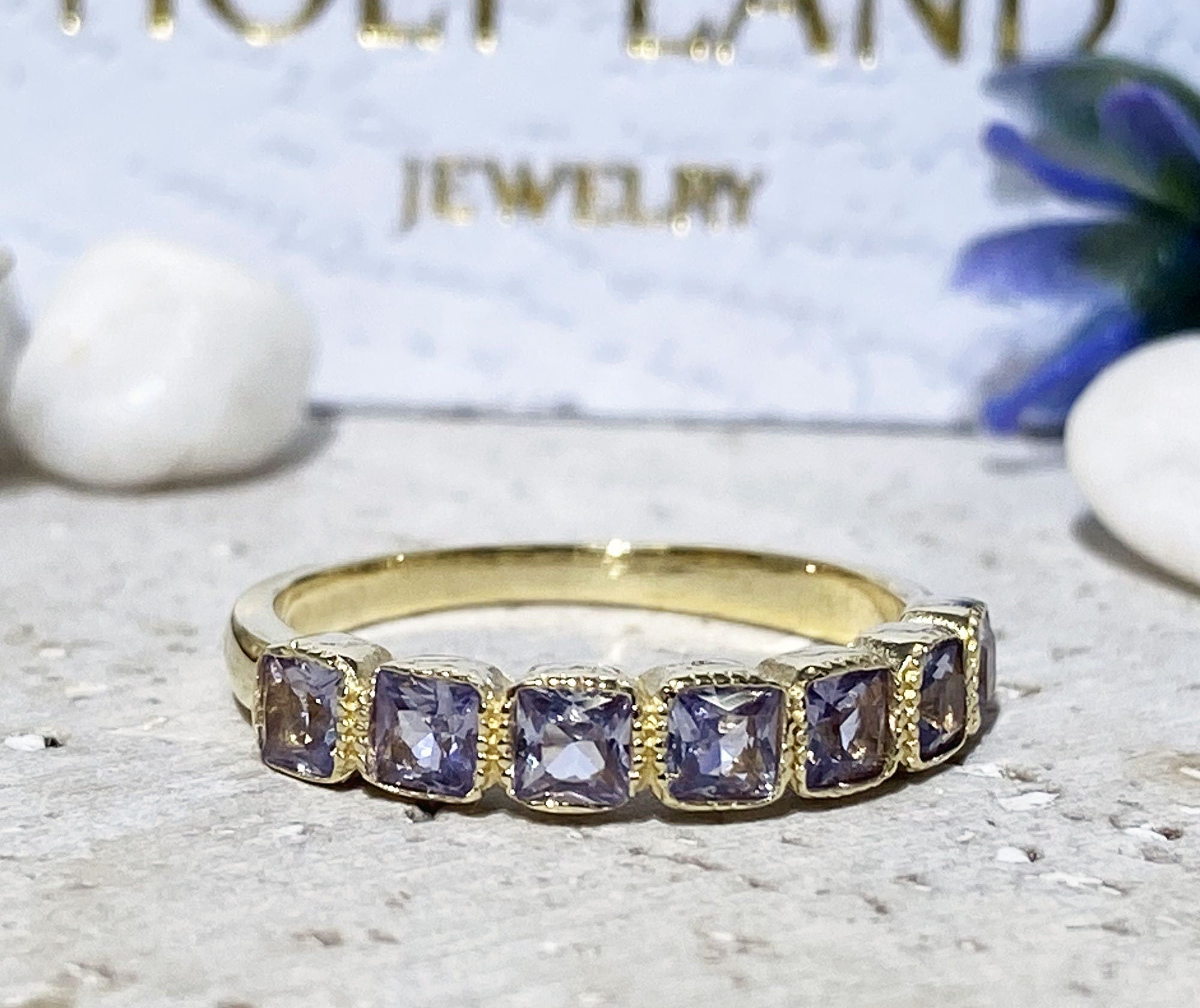 Alexandrite Ring - June Birthstone - Stacking Ring with Seven Square Alexandrite Gemstones - H.L.Jewelry