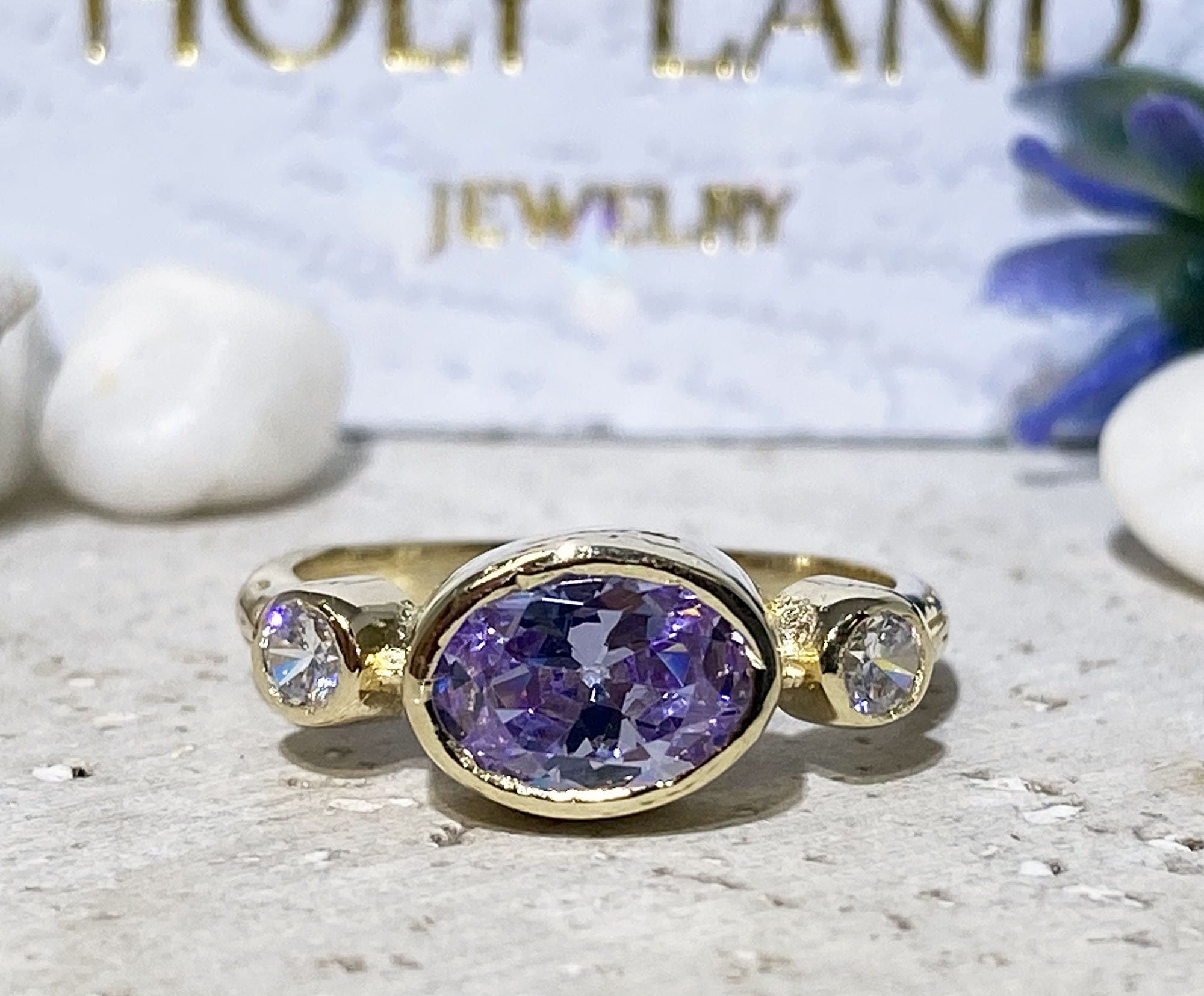 Triple Gemstones Ring - Lavender Amethyst Ring - Gemstone Ring - Gold Ring - Bezel Ring - Purple Ring - H.L.Jewelry