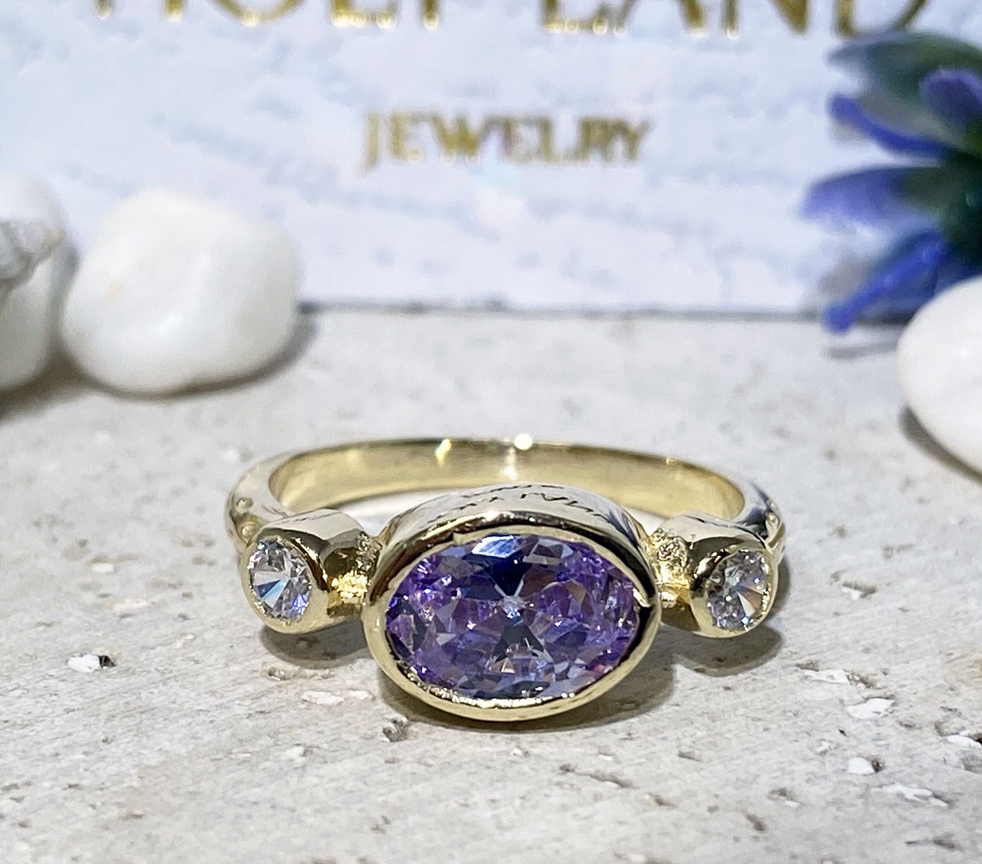 Triple Gemstones Ring - Lavender Amethyst Ring - Gemstone Ring - Gold Ring - Bezel Ring - Purple Ring - H.L.Jewelry