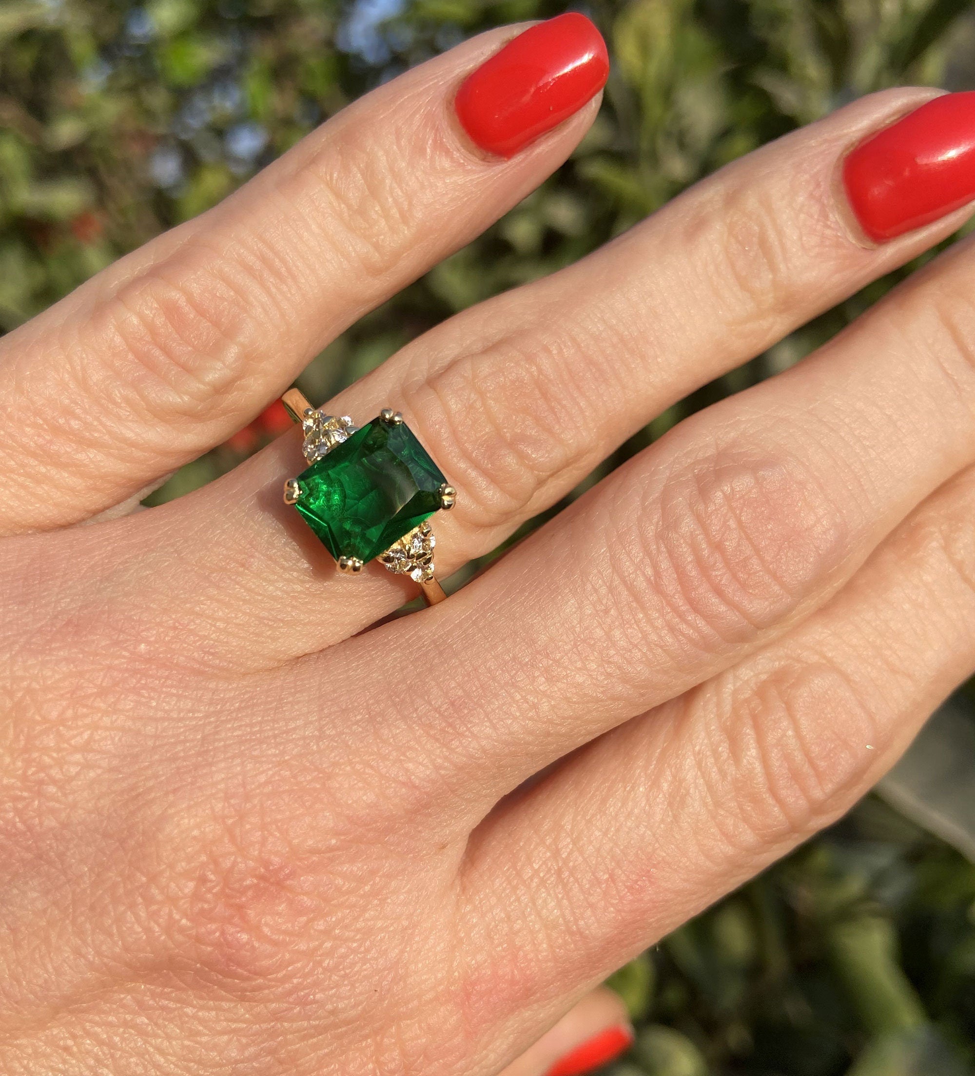 Emerald Ring - May Birthstone - Octagon Emerald Gemstone Statement Engagement Ring with Clear Quartz Accents - H.L.Jewelry