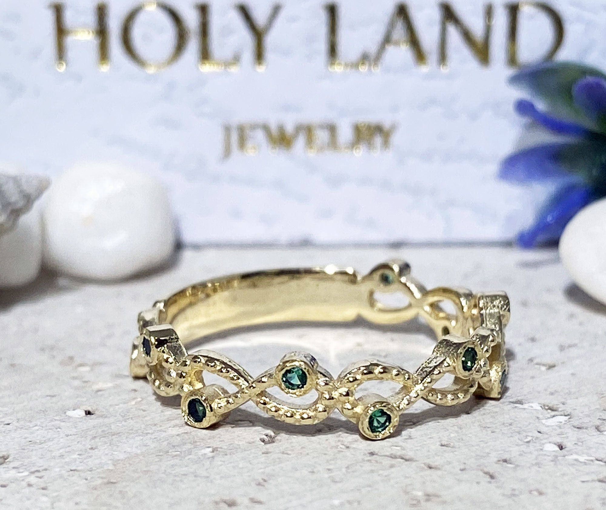 Emerald Ring - May Birthstone - Infinity Ring with Small Round Emerald Gemstones - H.L.Jewelry