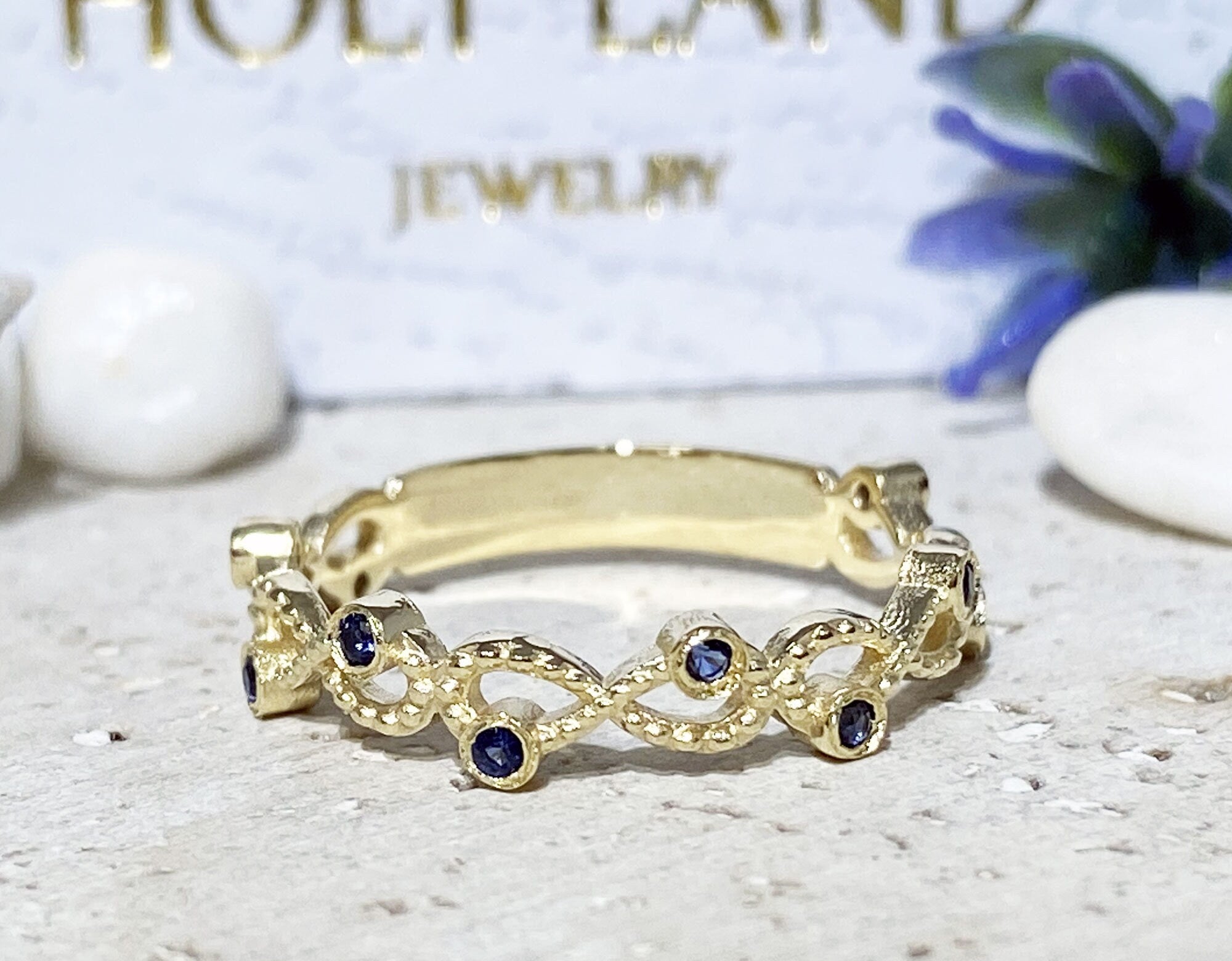 Blue Sapphire Ring - September Birthstone - Infinity Ring with Ten Small Round Blue Sapphire Gemstones - H.L.Jewelry