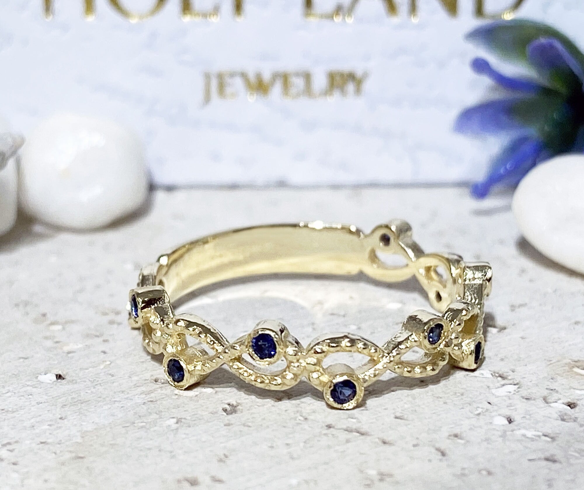 Blue Sapphire Ring - September Birthstone - Infinity Ring with Ten Small Round Blue Sapphire Gemstones - H.L.Jewelry