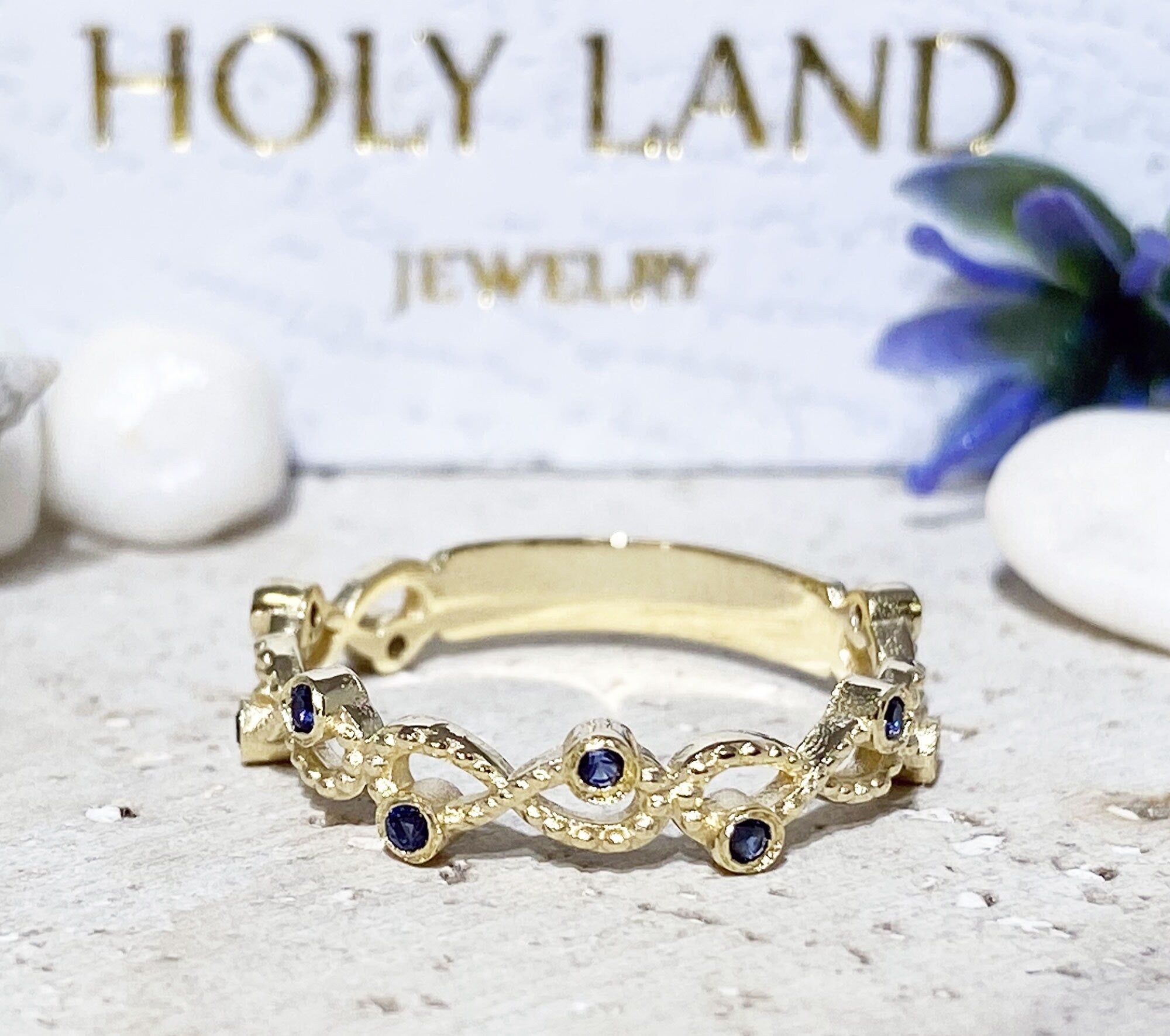 Blue Sapphire Ring - September Birthstone - Infinity Ring with Ten Small Round Blue Sapphire Gemstones - H.L.Jewelry