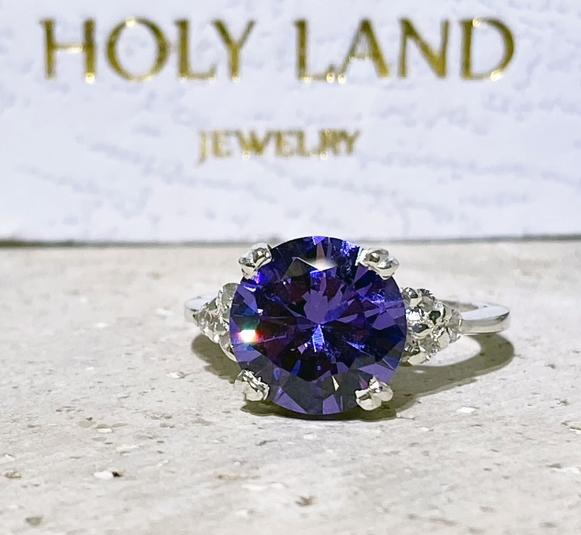 Lavender Amethyst Ring - Statement Engagement Ring with Round Lavender Amethyst Gemstone and Clear Quartz Accents - H.L.Jewelry