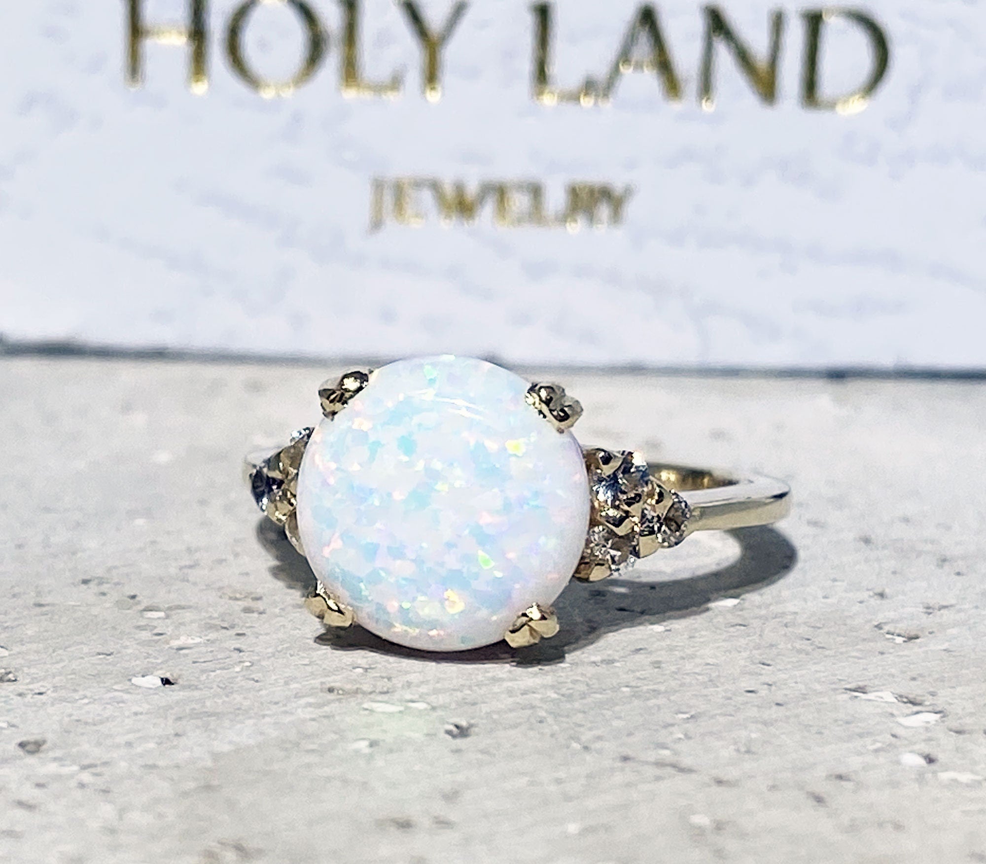 White Opal Ring - Round White Opal Gemstone Statement Engagement Ring with Clear Quartz Accents - H.L.Jewelry