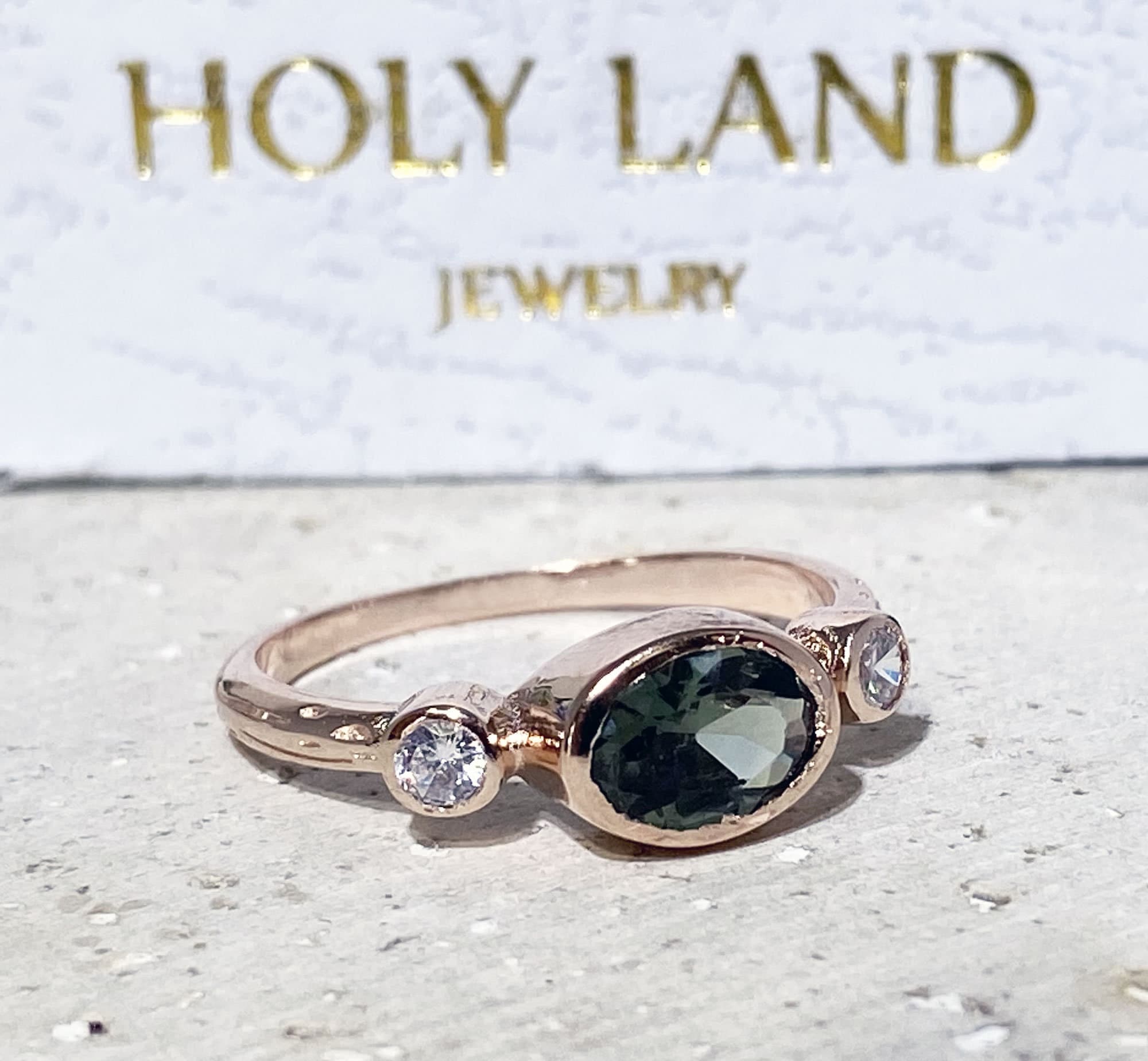 Green Tourmaline Ring - Bezel Set Ring with Oval Green Tourmaline Gemstone and Clear Quartz Accents - H.L.Jewelry