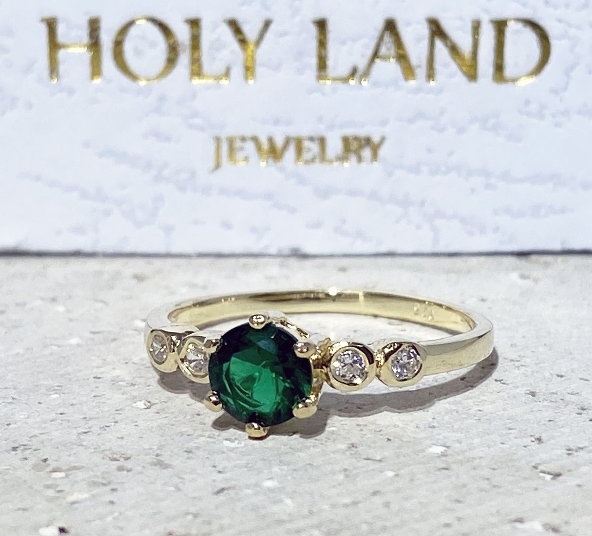 Emerald Ring - May Birthstone - Delicate Ring with Round Emerald Gemstone and Clear Quartz Accents - H.L.Jewelry