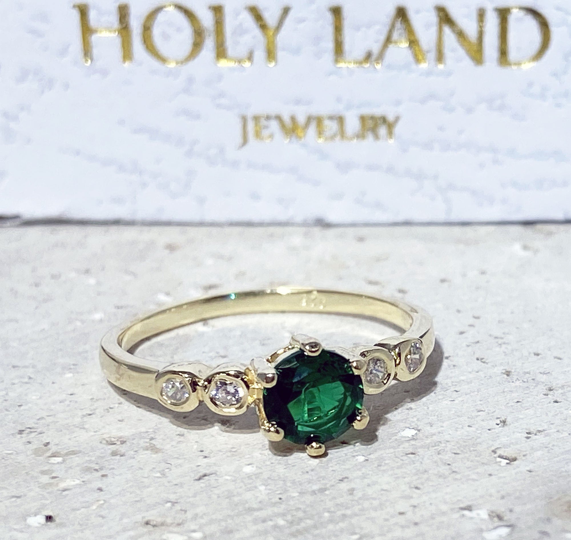 Emerald Ring - May Birthstone - Delicate Ring with Round Emerald Gemstone and Clear Quartz Accents - H.L.Jewelry