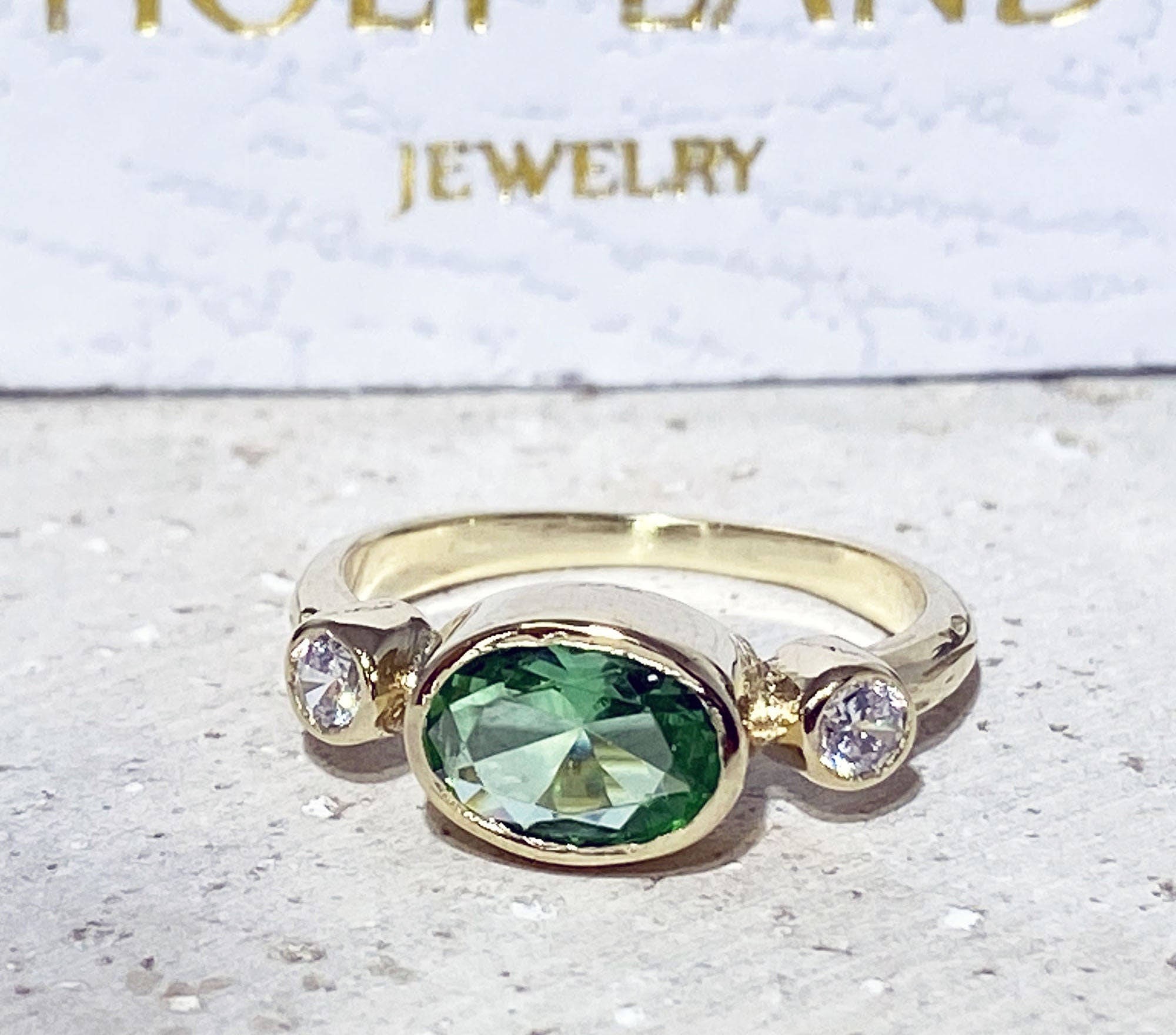 Green Sapphire Ring - Triple Ring - Gold Ring - Hammered Ring - Gemstone Ring - Sapphire Jewelry - H.L.Jewelry