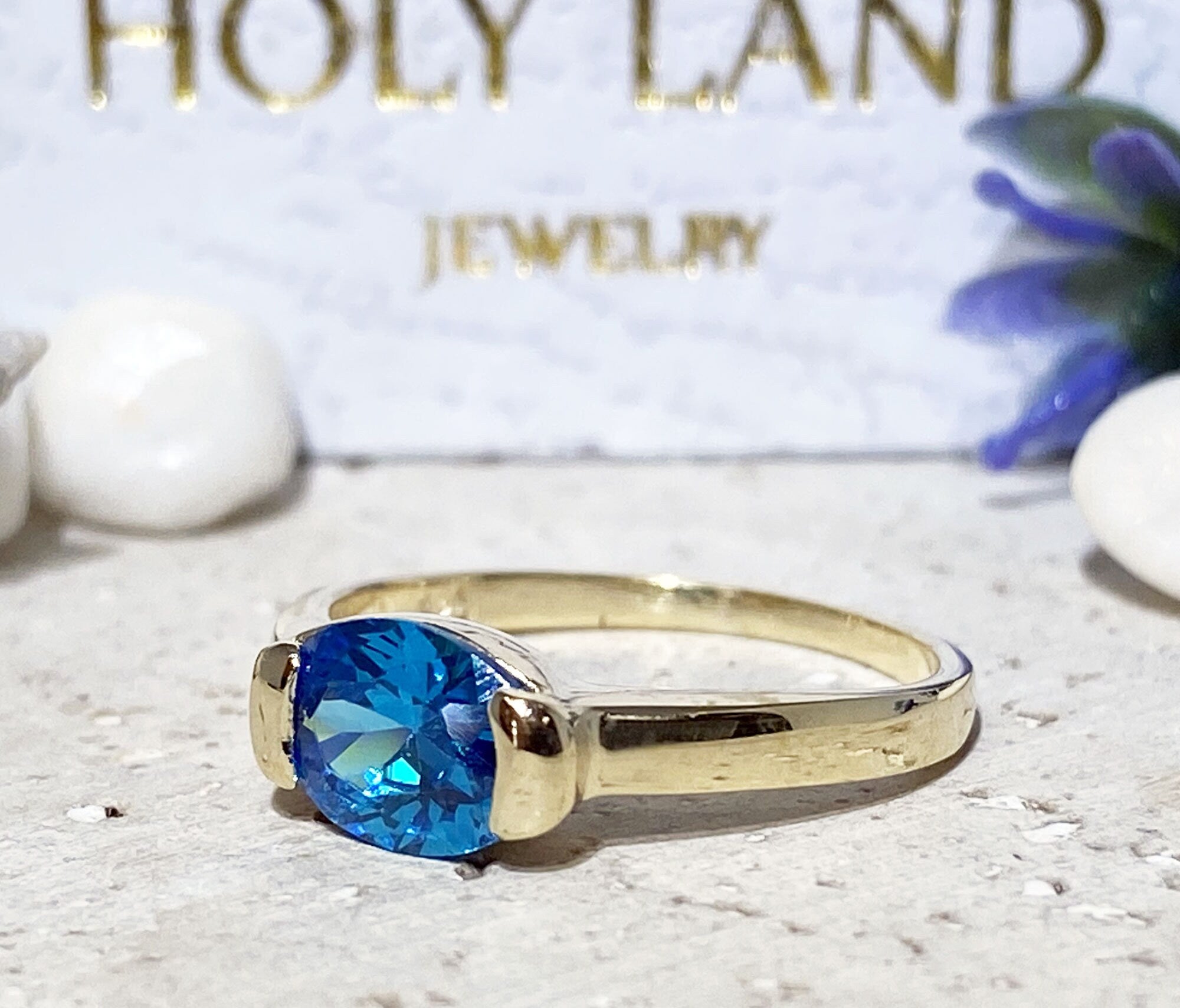 Blue Topaz Ring - December Birthstone - Oval Blue Topaz Gemstone Simple Stacking Ring - H.L.Jewelry