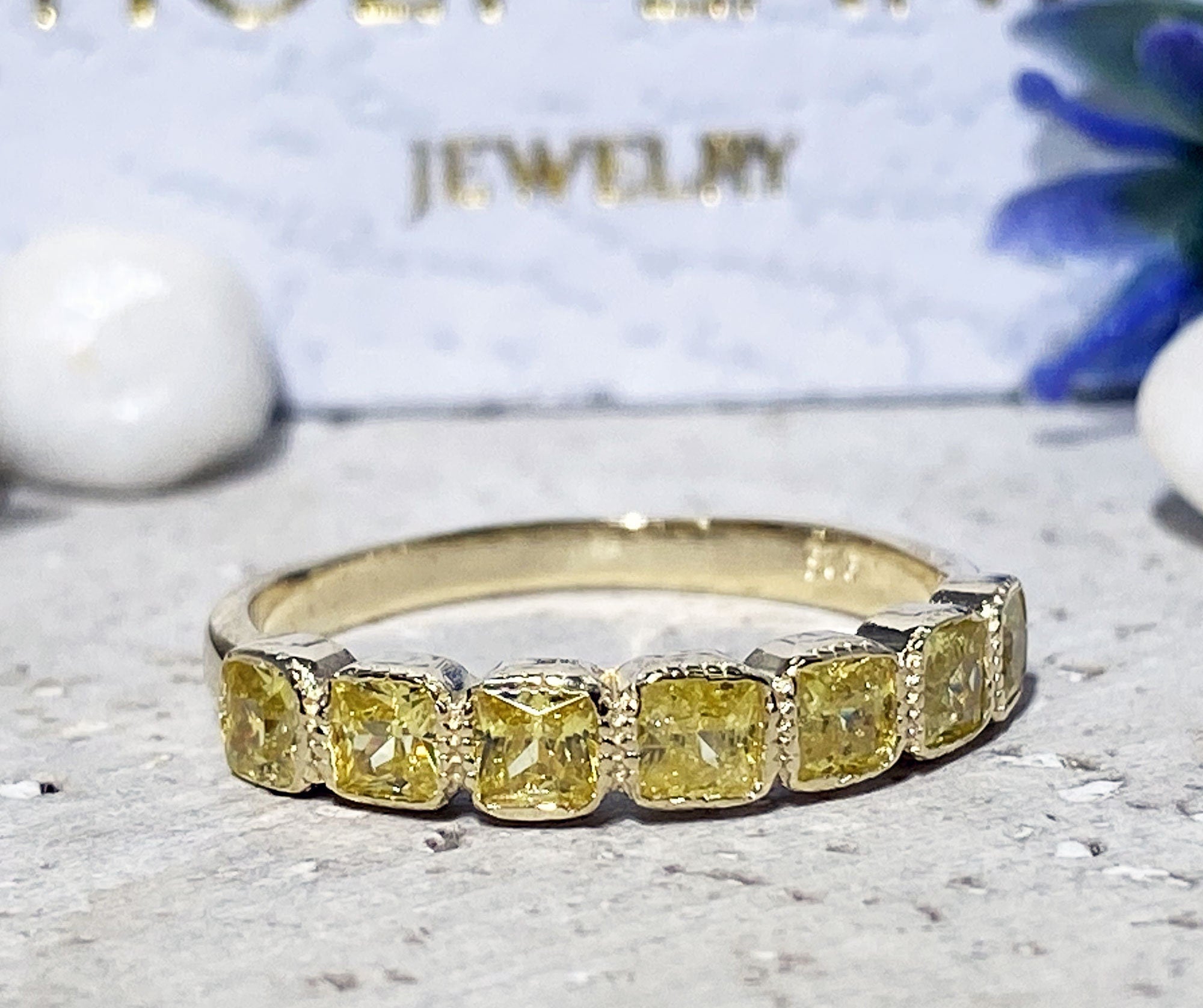 Yellow Citrine Ring - November Birthstone - Seven Yellow Citrine Gemstones Stacking Half Eternity Ring - H.L.Jewelry