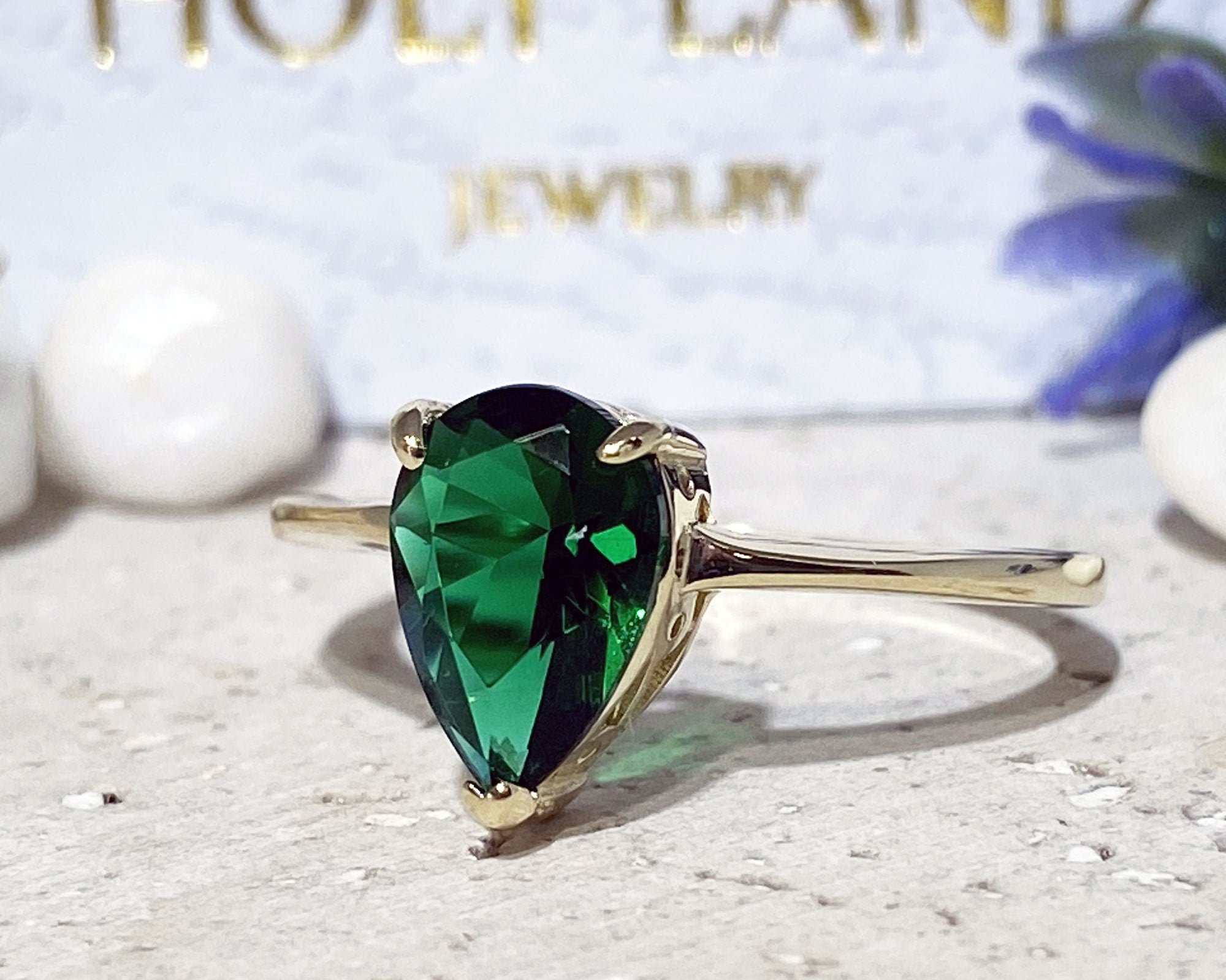 Emerald Ring - May Birthstone - Lace Setting Ring with Pear-Shaped Emerald Gemstone - H.L.Jewelry