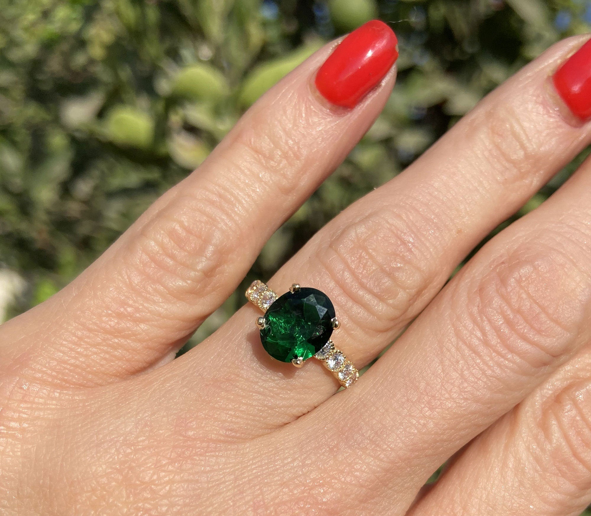 Emerald Ring - May Birthstone - Oval Emerald Gemstone Statement Engagement Ring with Clear Quartz Accents - H.L.Jewelry