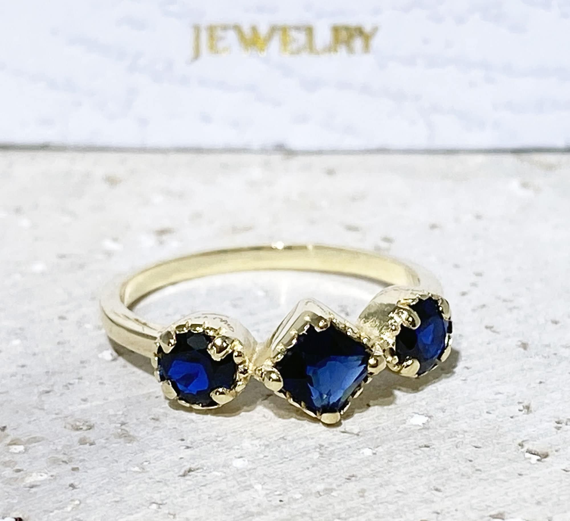 Blue Sapphire Ring - September Birthstone - Three Stone Ring - Ring with Square Blue Sapphire Gemstone and Side Accents - H.L.Jewelry