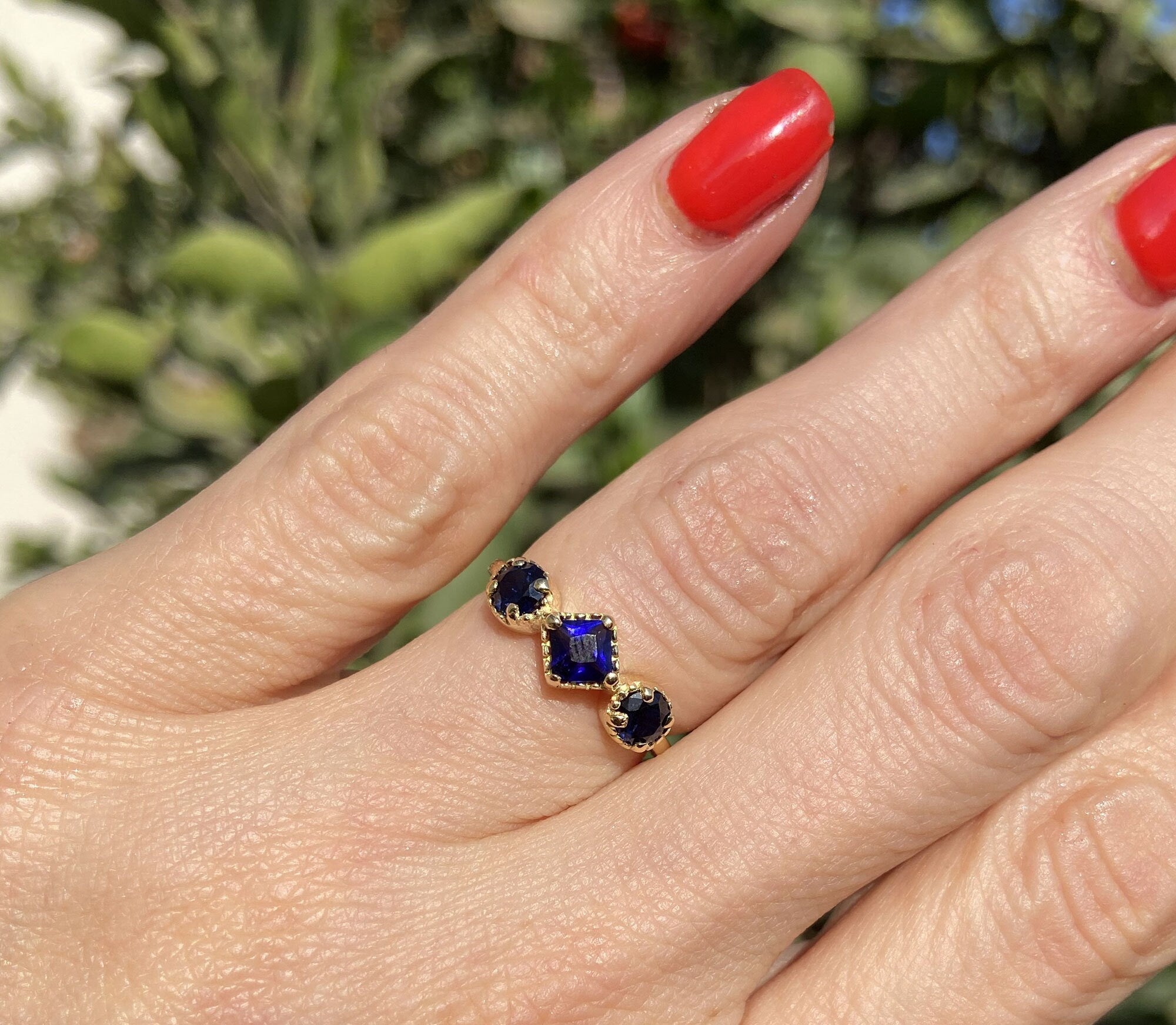 Blue Sapphire Ring - September Birthstone - Three Stone Ring - Ring with Square Blue Sapphire Gemstone and Side Accents - H.L.Jewelry