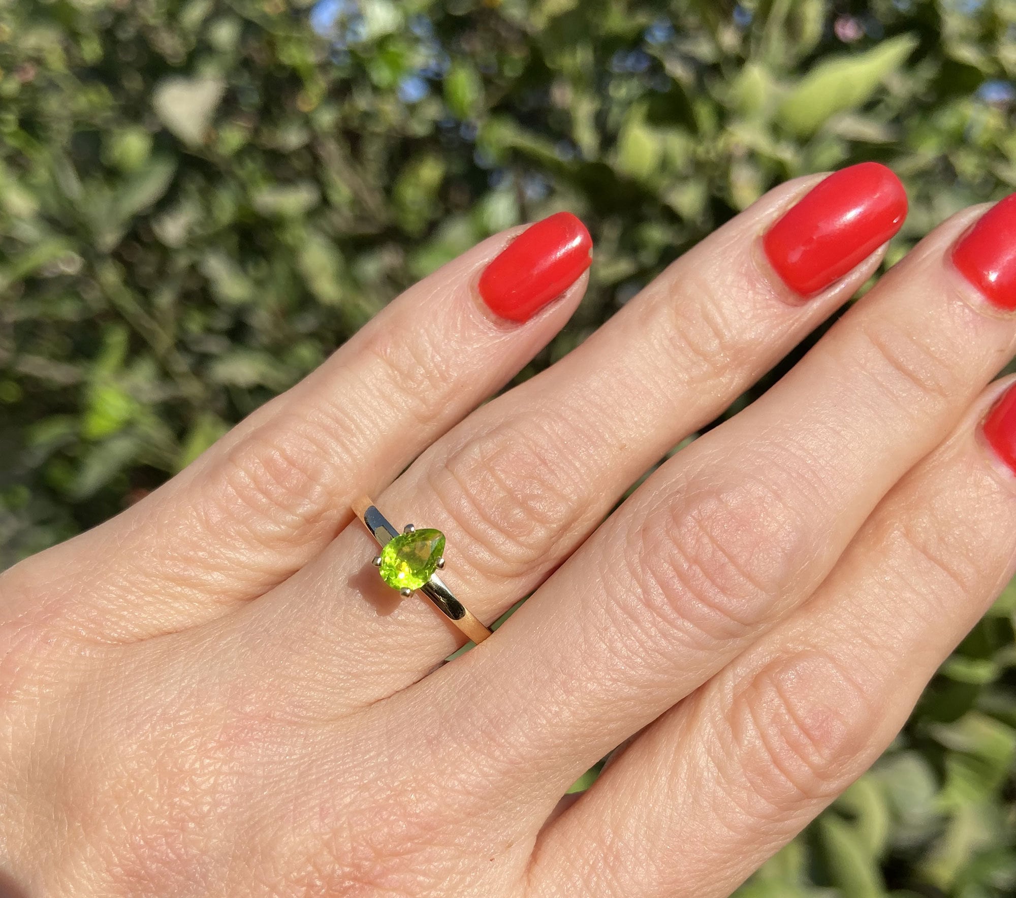 Peridot Ring - August Birthstone - Solitaire Ring with Pear-Shaped Peridot Gemstone - H.L.Jewelry