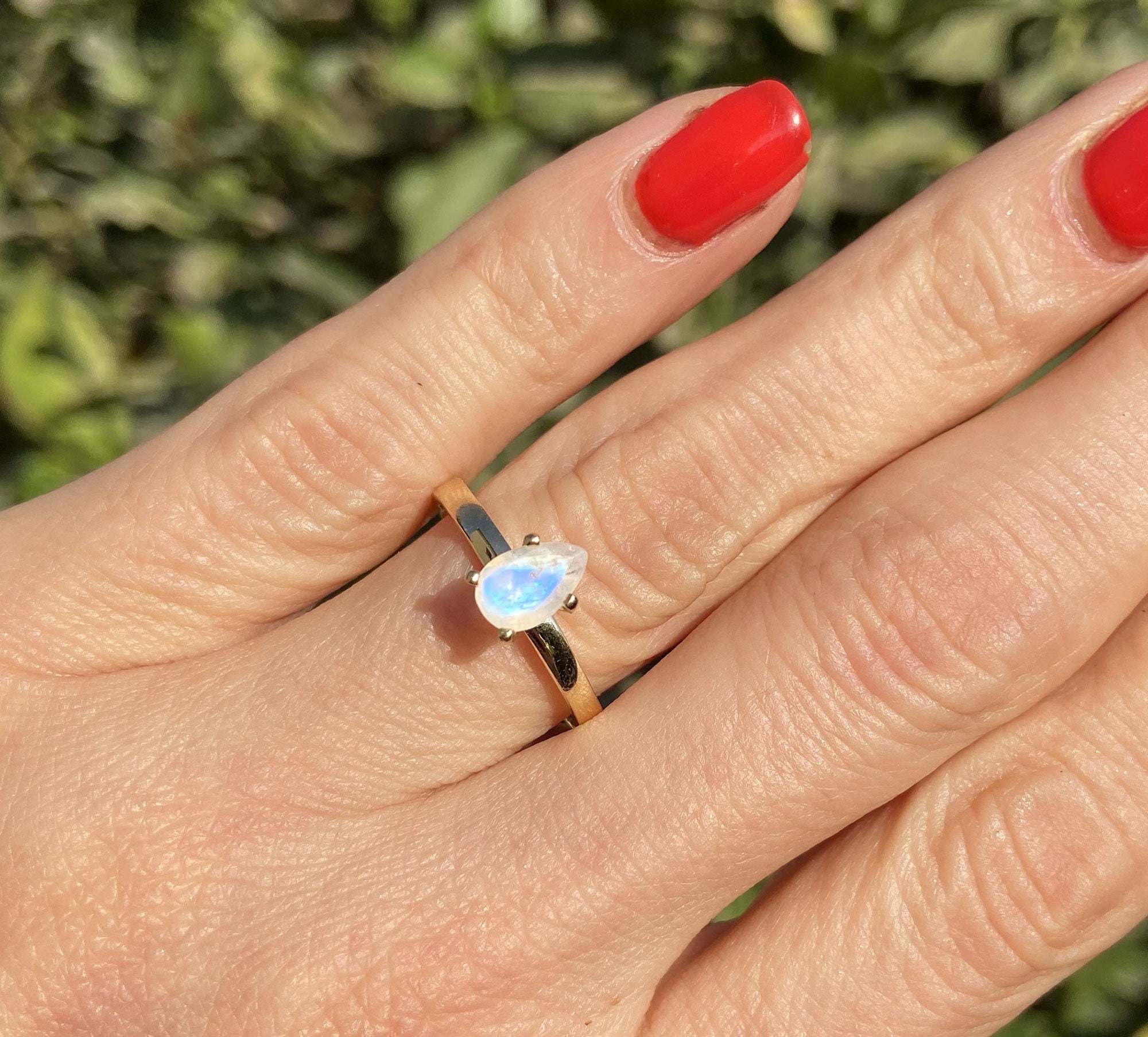 Rainbow Moonstone Ring - June Birthstone - Teardrop Ring - Gold Band - Genuine Gemstone - Stacking Ring - Simple Ring - Prong Ring - H.L.Jewelry