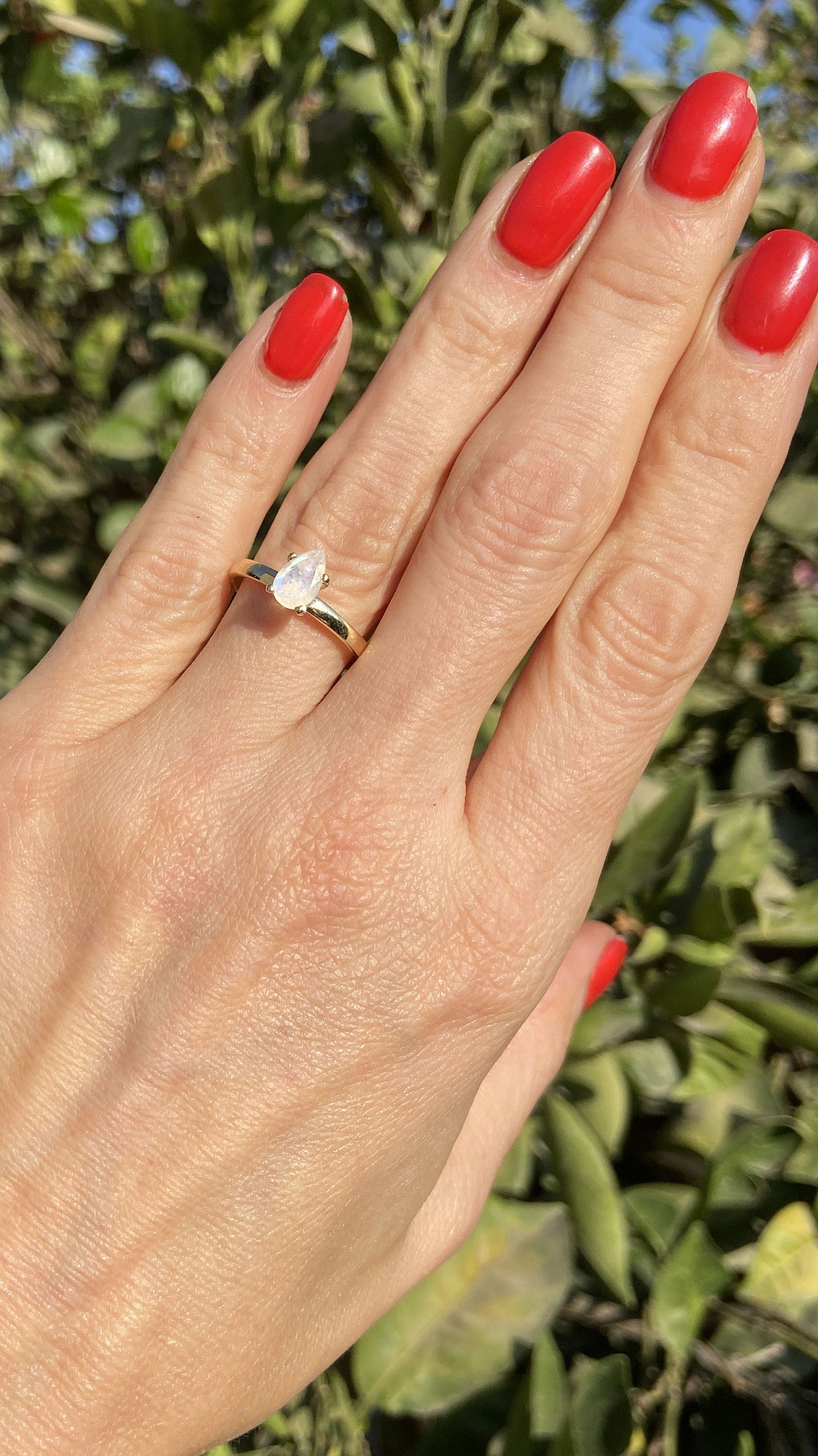 Rainbow Moonstone Ring - June Birthstone - Teardrop Ring - Gold Band - Genuine Gemstone - Stacking Ring - Simple Ring - Prong Ring - H.L.Jewelry